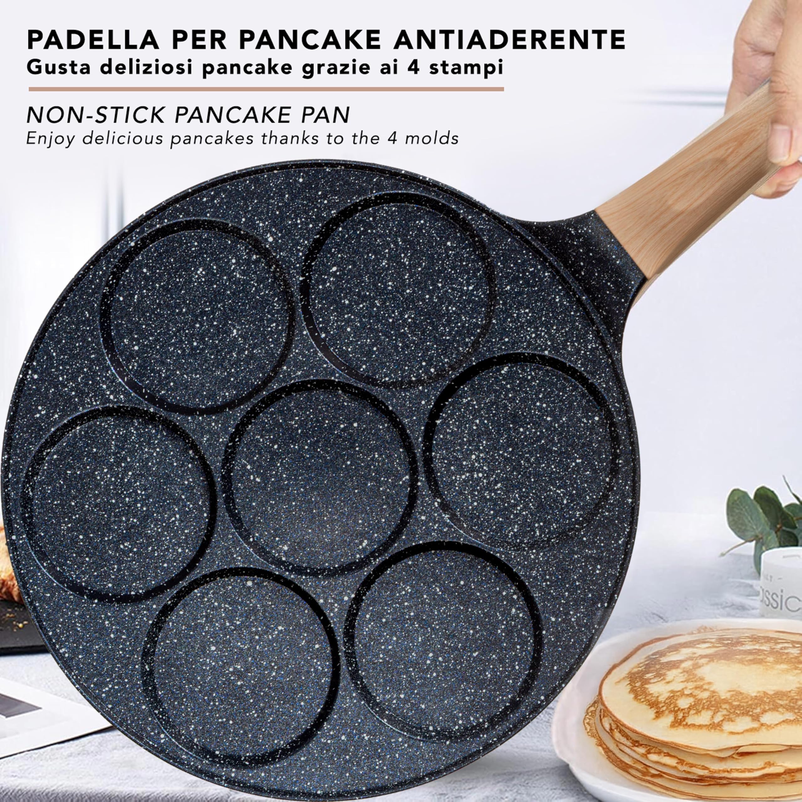IPEA Padella Pancake Antiaderente per Induzione e Gas - Anti Aderente in Alluminio Per Frittata, Crepes, Uova, Hamburger - Padella da Cucina con 7 Stampi - Manico Comfort - 29 x 26,5 cm