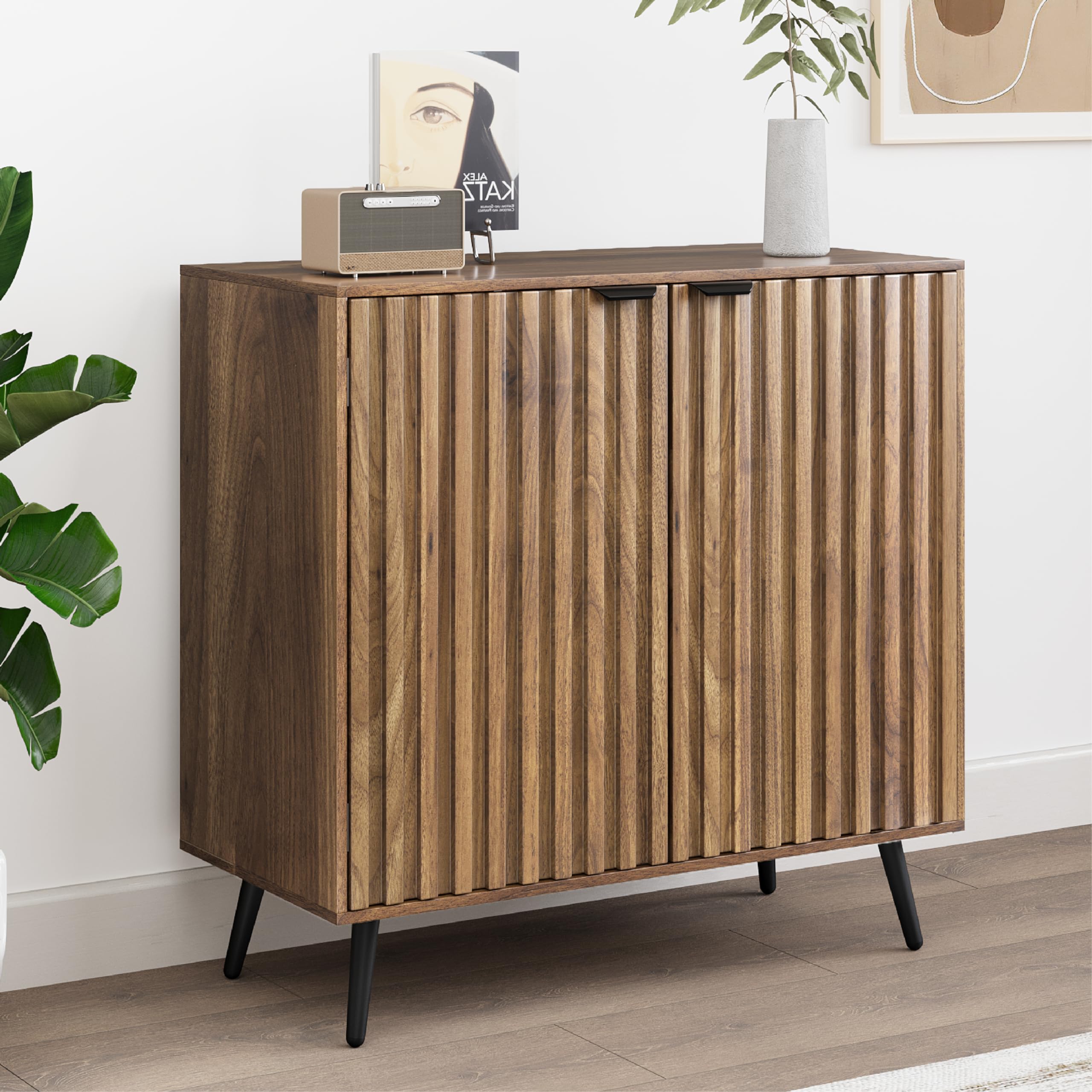 Walnut Storage Cabinet, Free Standing Buffet Cabinet with Fluted Doors, Wood Sideboard cabinet for Living Room, Hallway, Entryway