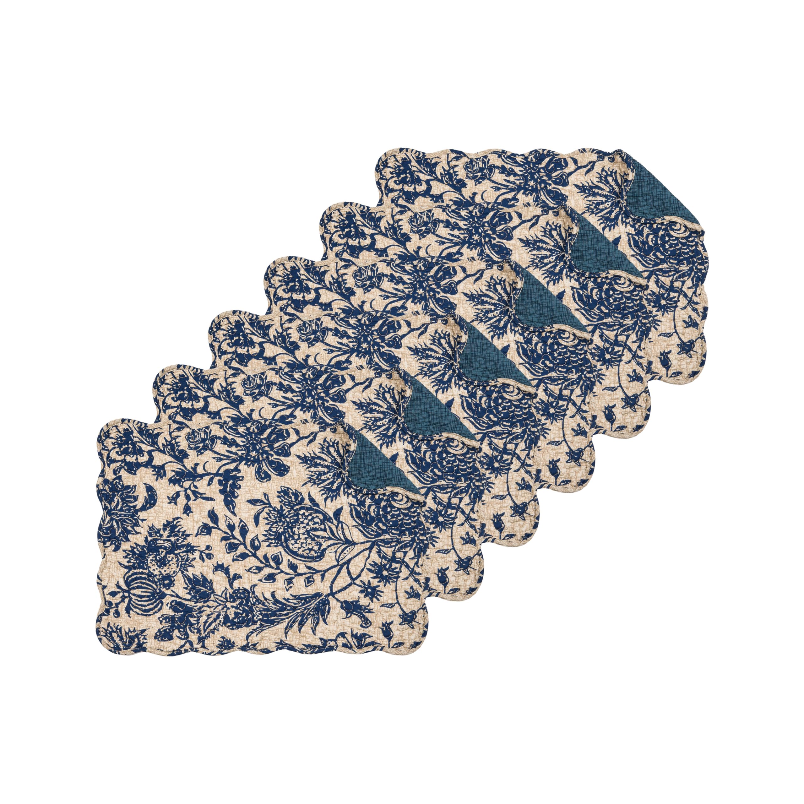 C&F Home Remi Reversible Machine Washable Quilted Placemat Set of 6 Fall Floral for Kitchen or Dining Table Navy Blue