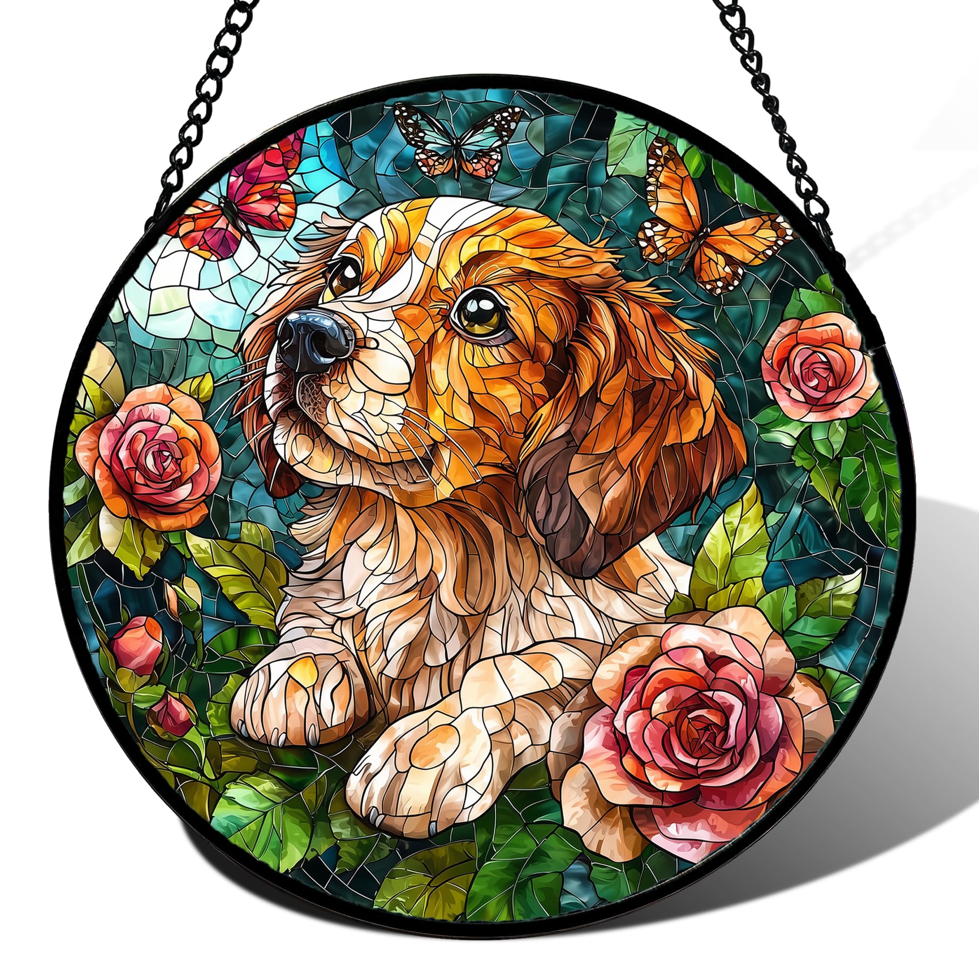 Dog with Roses Stained Glass Window Hanging Suncatcher Gift for Women 15"