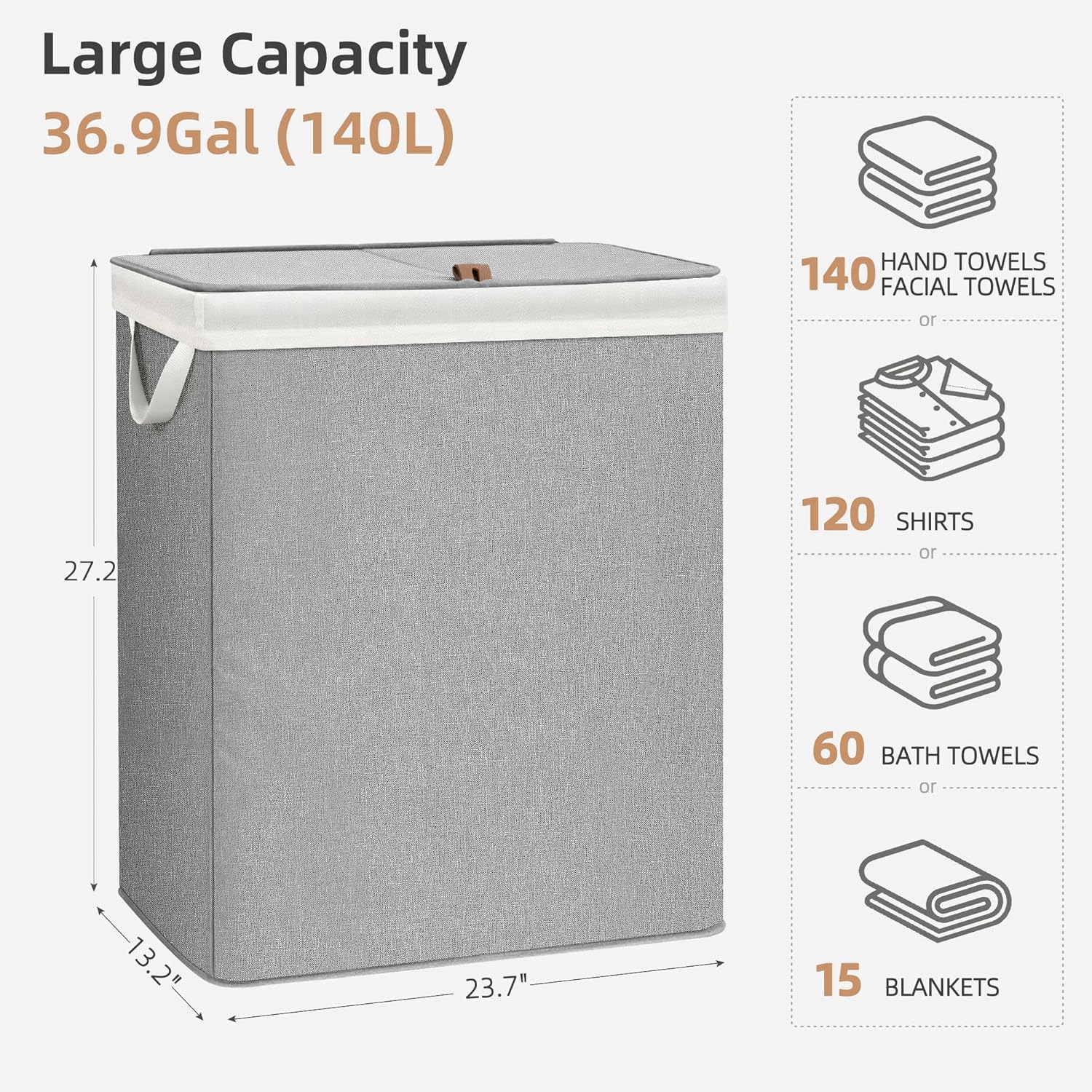 STORAGE MANIAC Double Laundry Hamper with Lid, 140L Tall Metal Frame Laundry Baskets with Removeable Bag, Large Clothes Hamper with PU Tag, Laundry Bin for Dorm, Collage, Bathroom, Bedroom, Gray