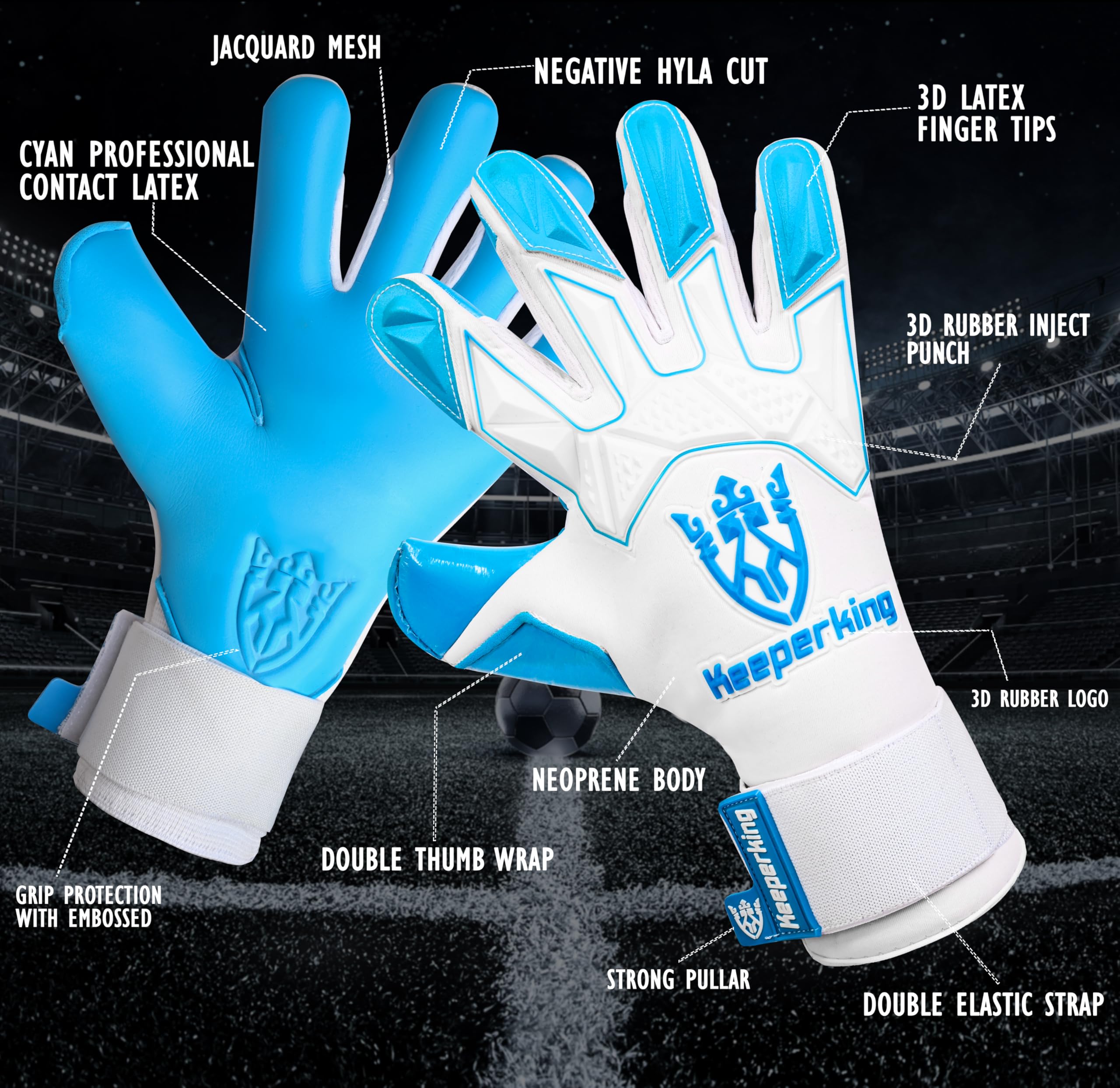 Keeperking Guanti da portiere professionali ibridi con cuciture interne professionali Contact Next Grip, 4 mm, massima aderenza e comfort, con semplice sistema di entrata per guanti da portiere da uomo, adulto, ragazzi