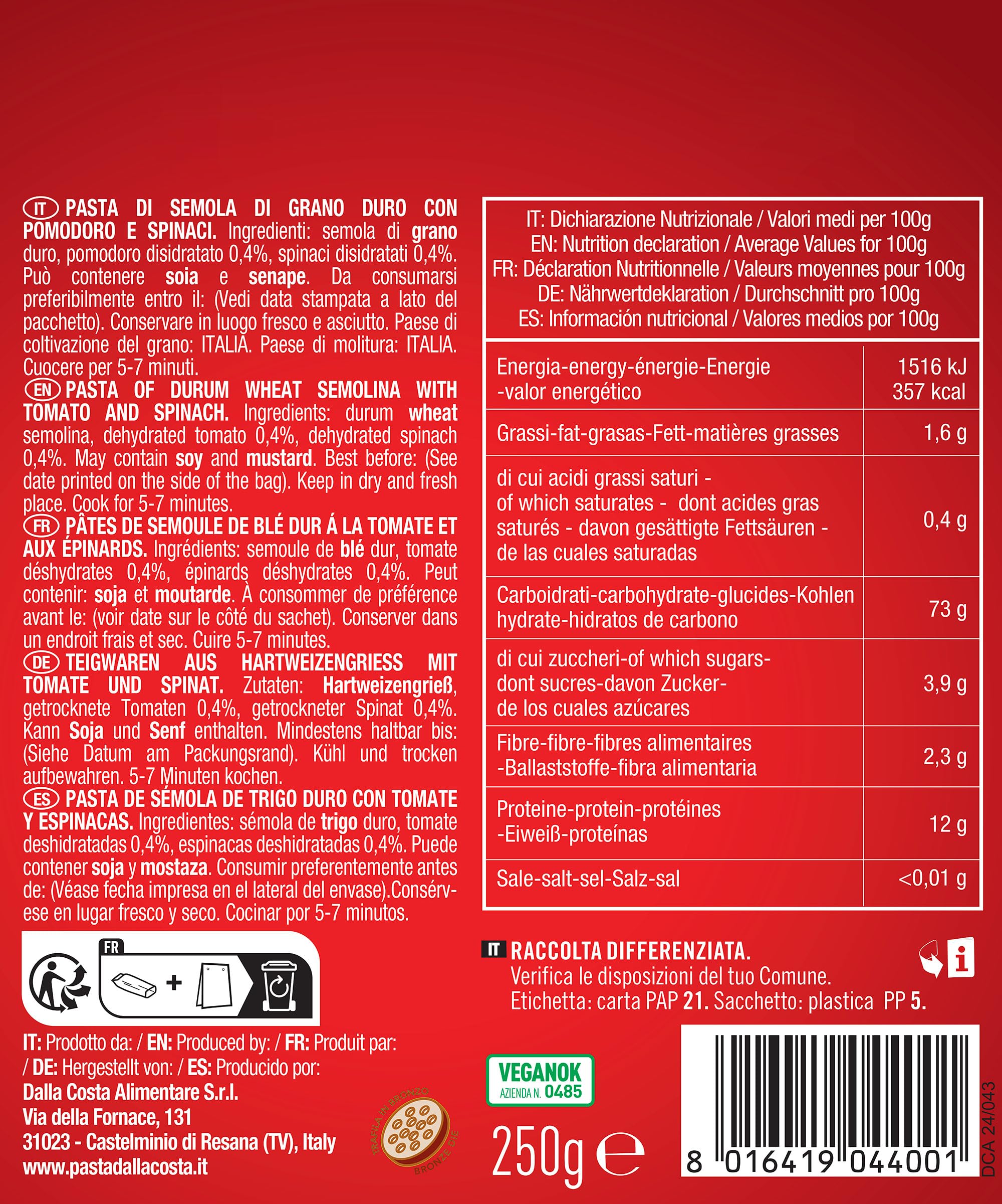 Dalla Costa Christmas Makaron Trójkolorowy z Pomidorem i Szpinakiem, Opakowanie Ekonomiczne 24x250 g