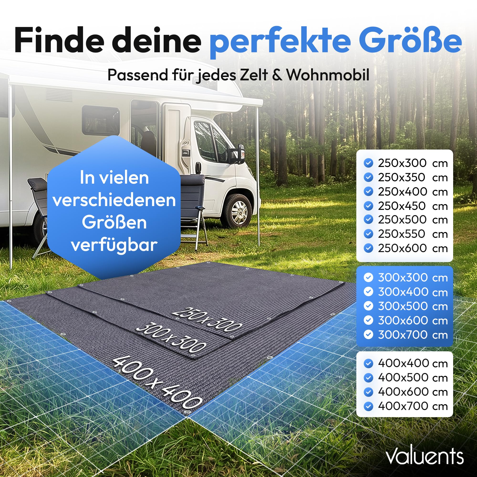 Vorzeltteppich - blau/grau - Verschiedene Größen - Camping Teppich Outdoor - Zelteppich Wohnwagen/Wohnmobil inkl. Tragetasche +Plus: Wäscheleine & 8 T-Heringe
