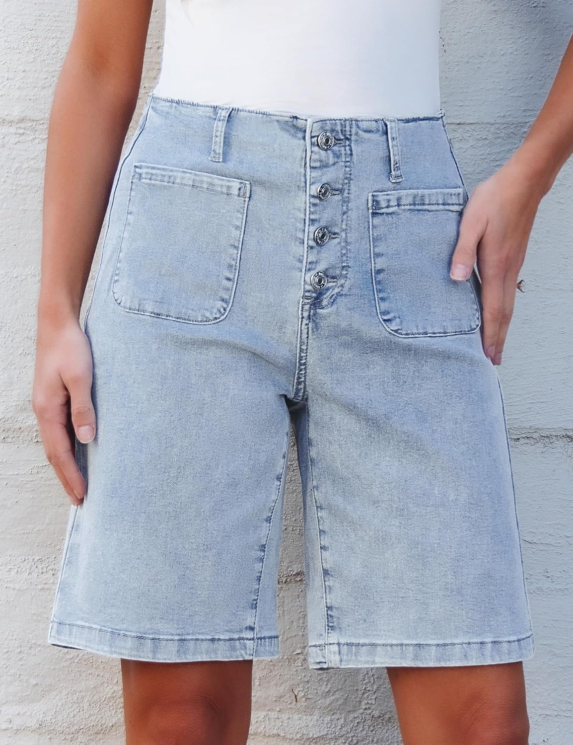 luvamia Bermuda Shorts for Women Jean High Waisted Trendy Patch Pockets Casual Summer Button Fly Stretchy Denim Shorts - Image 5