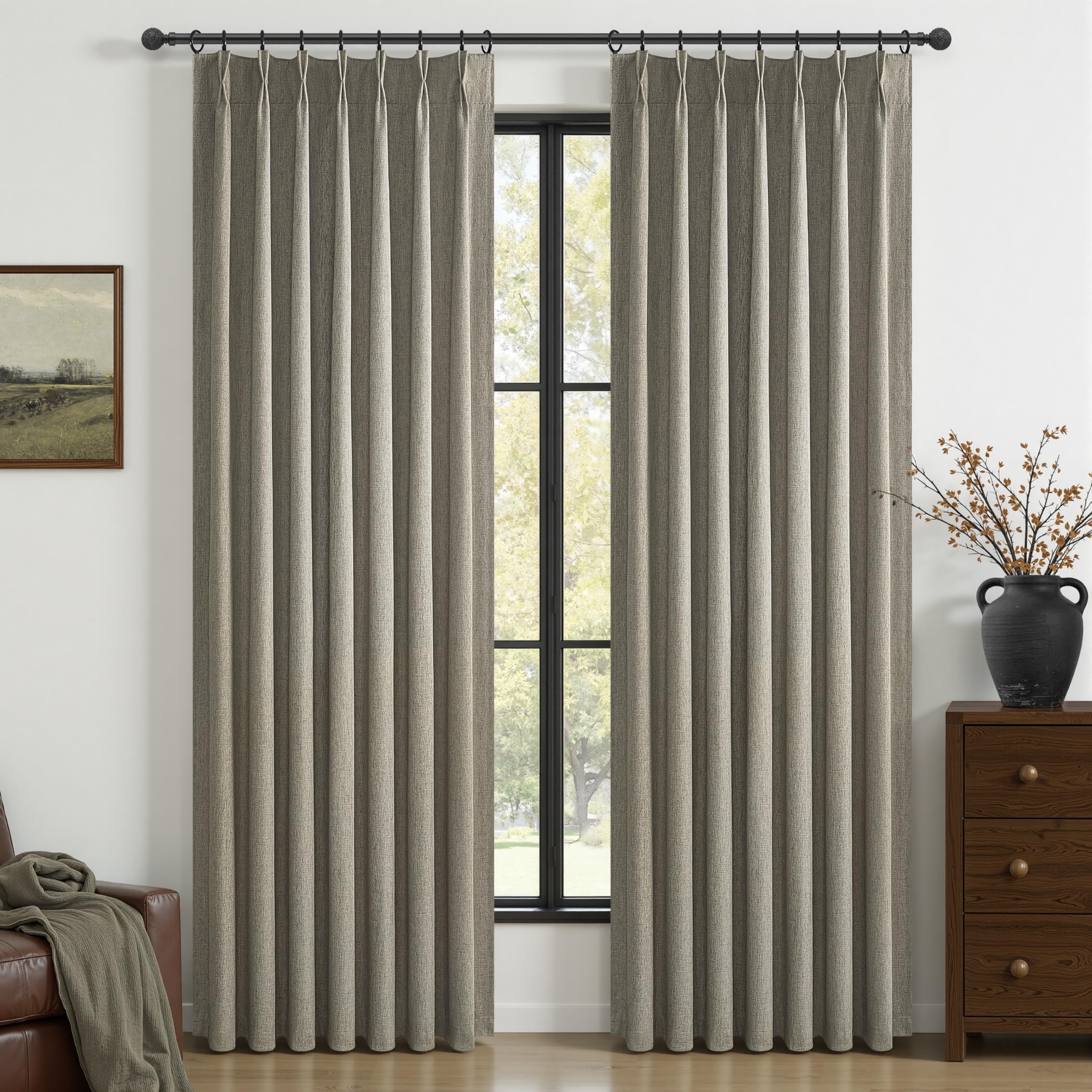Grey Green Blackout Linen Curtains 90 Inches Long for Living Room Bedroom, Pinch Pleated Boho Light Drapes Viral Window Curtain with Pinch Pleat Clips Thermal Insulated for Winter (40"Wx90"Lx2Panels)