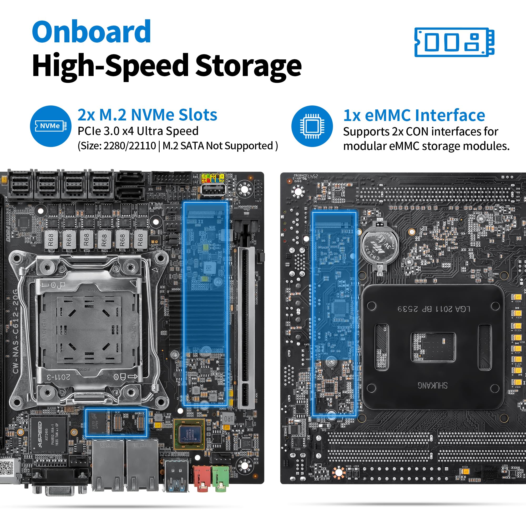CWWK Mini ITX NAS płyta główna C612 LGA2011-v3 Dual 10GbE RJ45 płyta główna | Do Xeon E5 V3 V4. 2 x NVMe M.2 & 4x SFF-8643. Obsługuje dyski pamięci NVMe U.2 i SATA. Adapter nie wchodzi w zakres dostawy