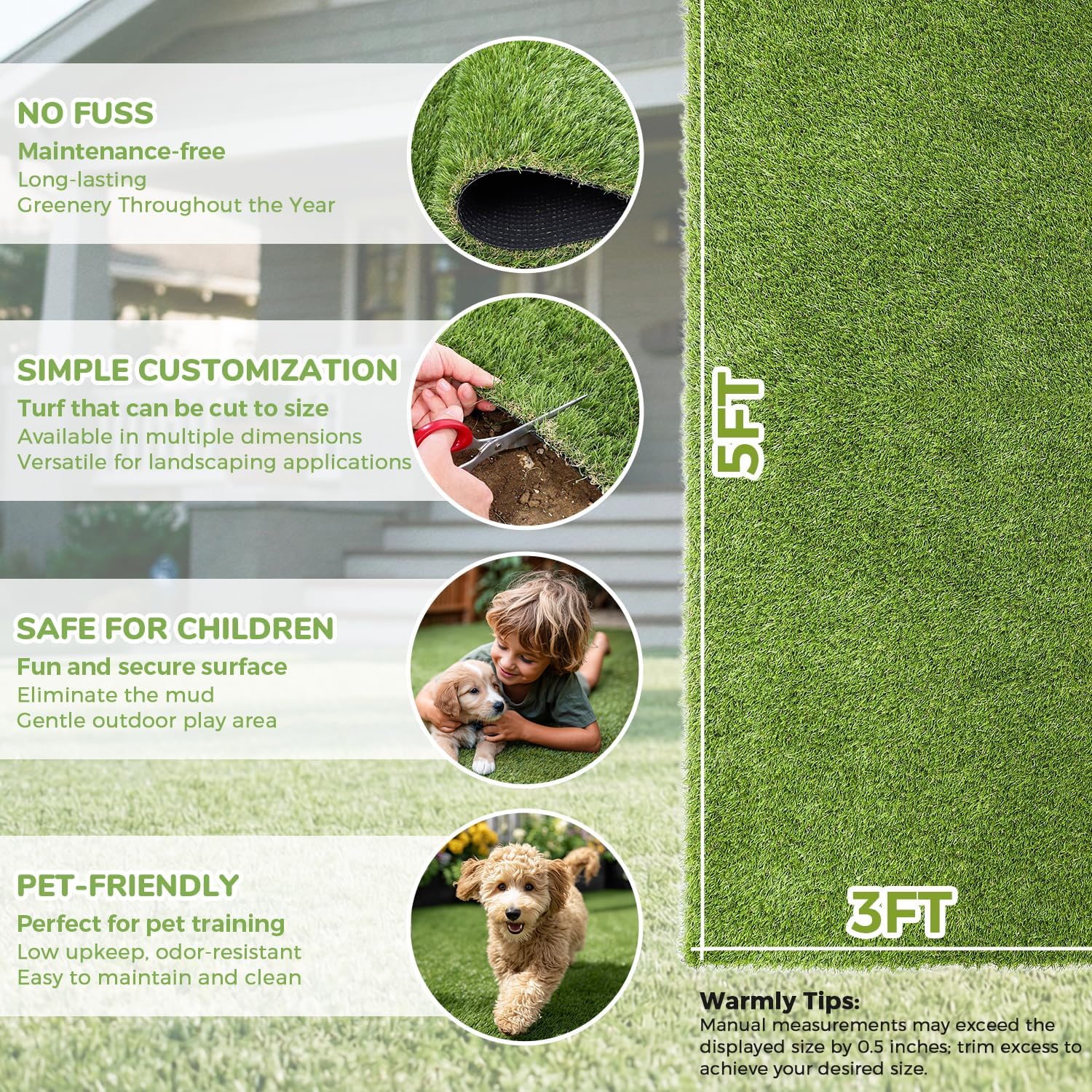 Artificial Grass Rug Indoor Outdoor, 3 x 5FT Faux Grass Turf with Drainage Holes, Realistic Artificial Lawn Rug Dog Pets Mat, Turf Carpet for Garden Lawn Landscape Balcony Patio Backyard Easter Decor