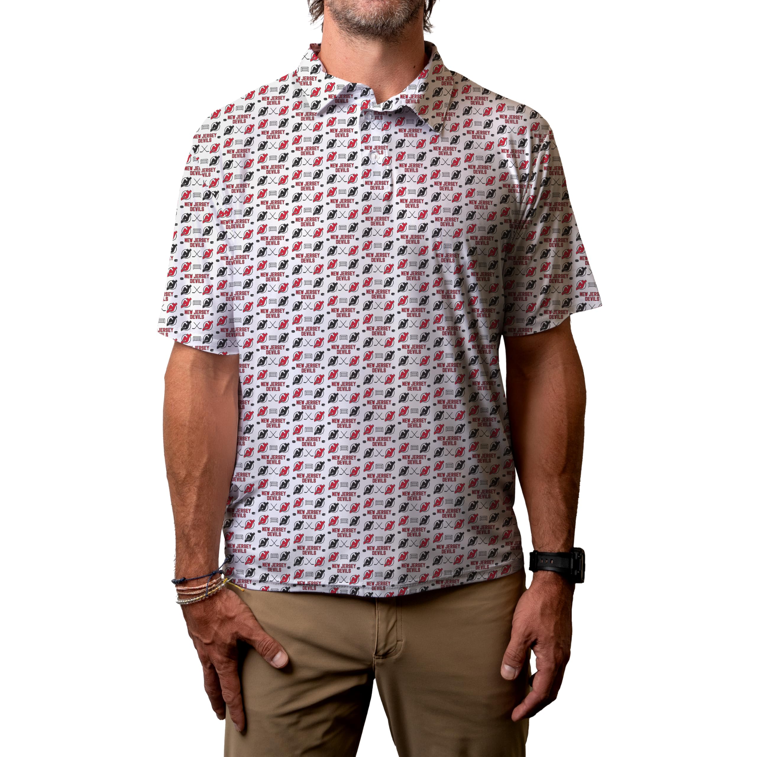 Blue 84 Men's NHL Officially Licensed Short Sleeve Performance Polo All Over Print White