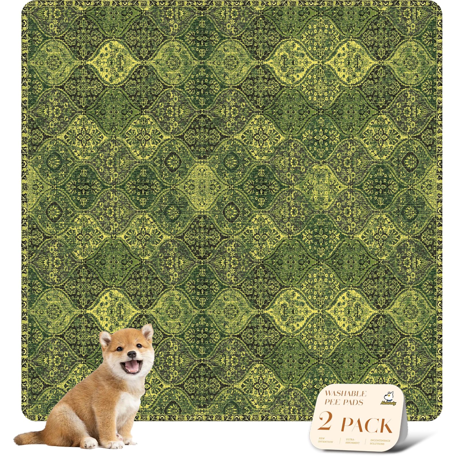nunubaby Washable Pee Pads for Dogs, Stylish, Non-Slip and Leak-Proof Pee Pads. Reusable Potty Pads for Dogs for Crates and Floors.(Green/Multi,54" x54" )