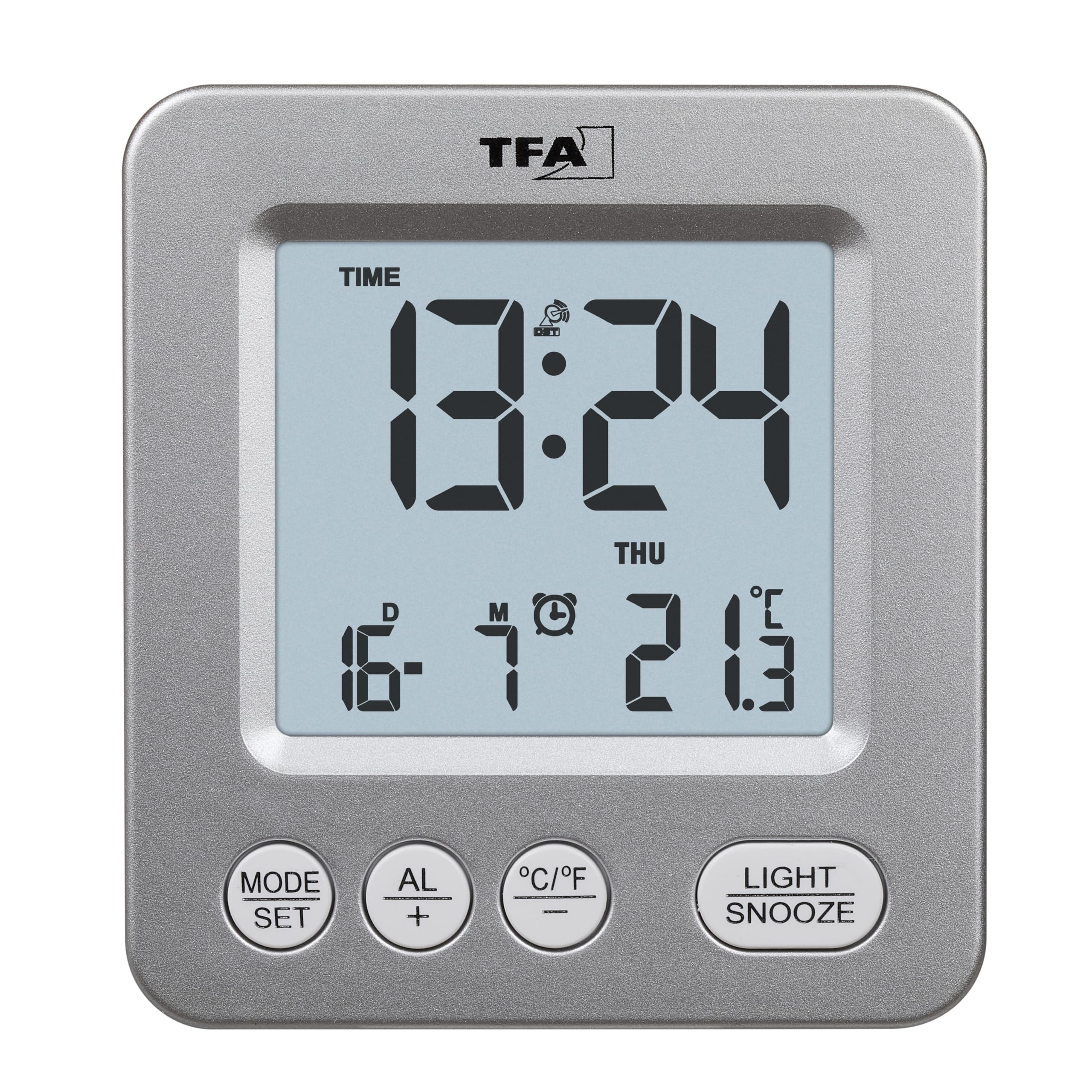TFA Dostmann Digital Wireless Travel Alarm Clock, 60.2567.54, Indoor Thermometer, Calendar Display (Date + Day of the Week), Snooze Function, Radio-Controlled Clock, Silver