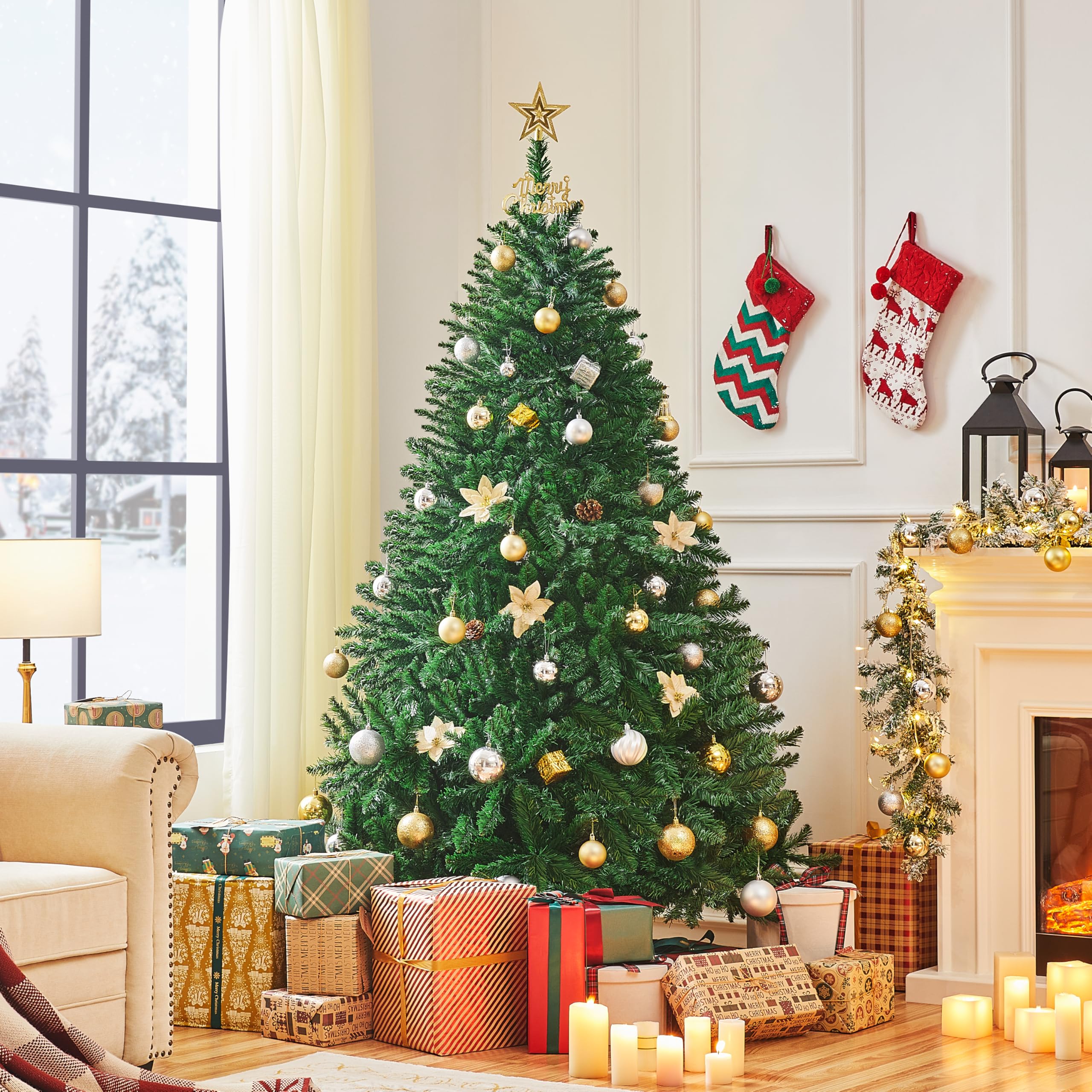 Yaheetech Árbol de Navidad Artificial de 183 cm con 903 Puntas, Resistente al Fuego, PVC, Incluye Soporte de Metal con Vetas de Madera de Abeto, Color Verde