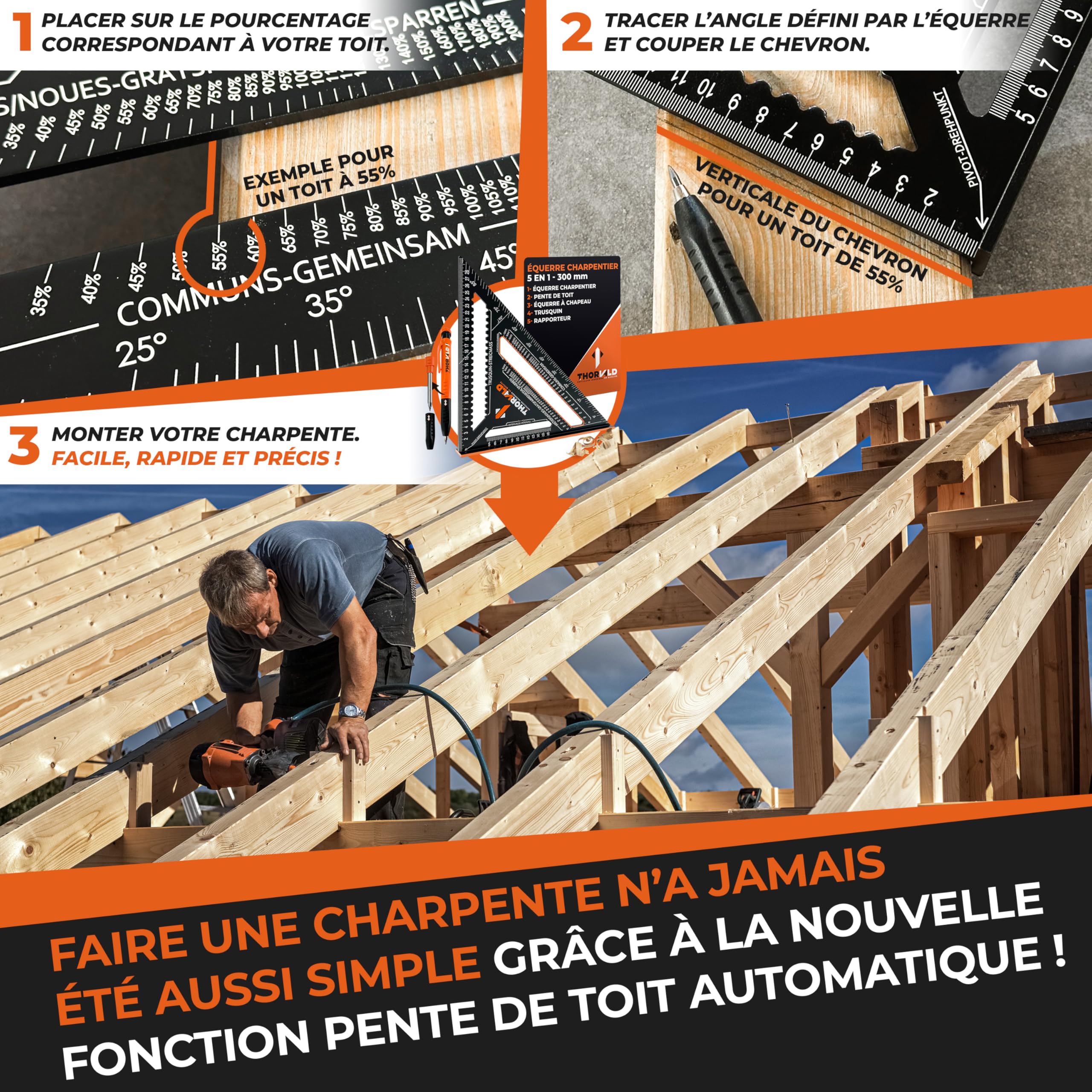 THORVALD Pack 7 en 1 Equerre Menuisier 180 mm + Charpentier 300 mm + Crayon Chantier - Multifonction : Trusquin/Raporteur/Pente de toit/Equerre a chapeau - Aluminium - Outil pour gagner du temps