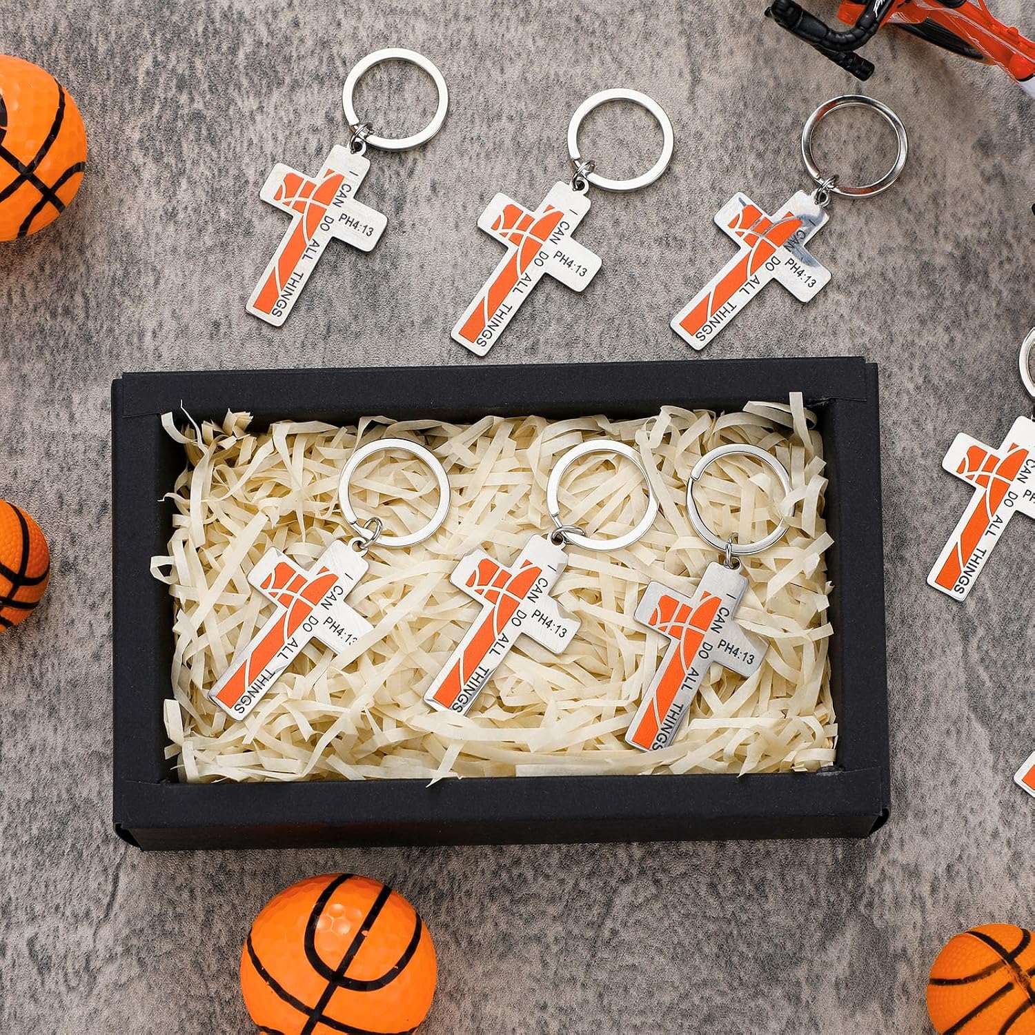 Ecation 24 Pcs Basketball Cross Keychain Christian Inspirational Key Chain Bulk Gifts Charm I Can Do All Things Religious Keychain Stainless Steel Cross Key Rings