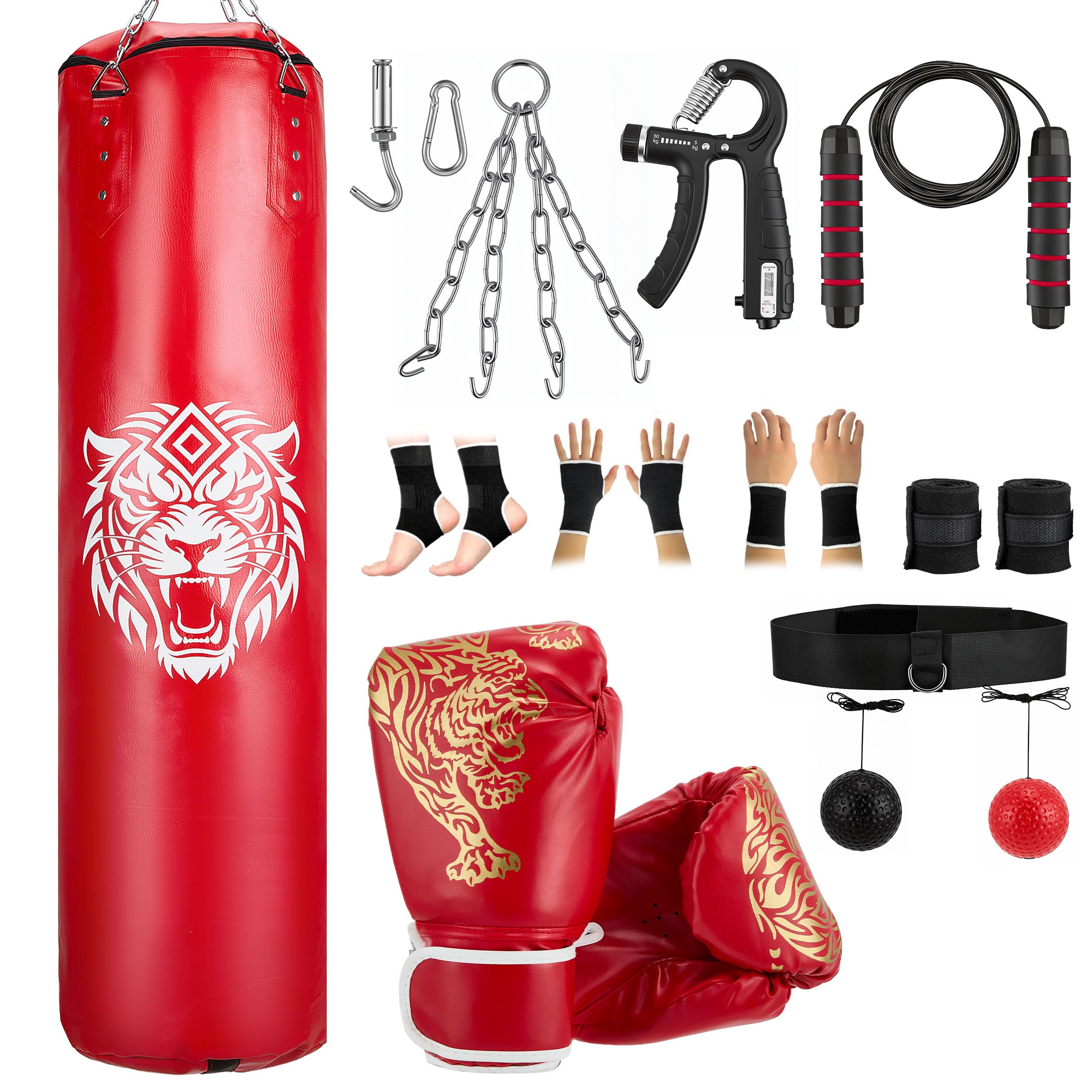 Boxsack Set Erwachsene 120 cm – Schwerer Boxsack mit 10 oz Boxhandschuhen, Griffkrafttrainer, Springseil, Reflexball, Handwraps, Deckenmontage – Komplettset für Heimtraining MMA Karate