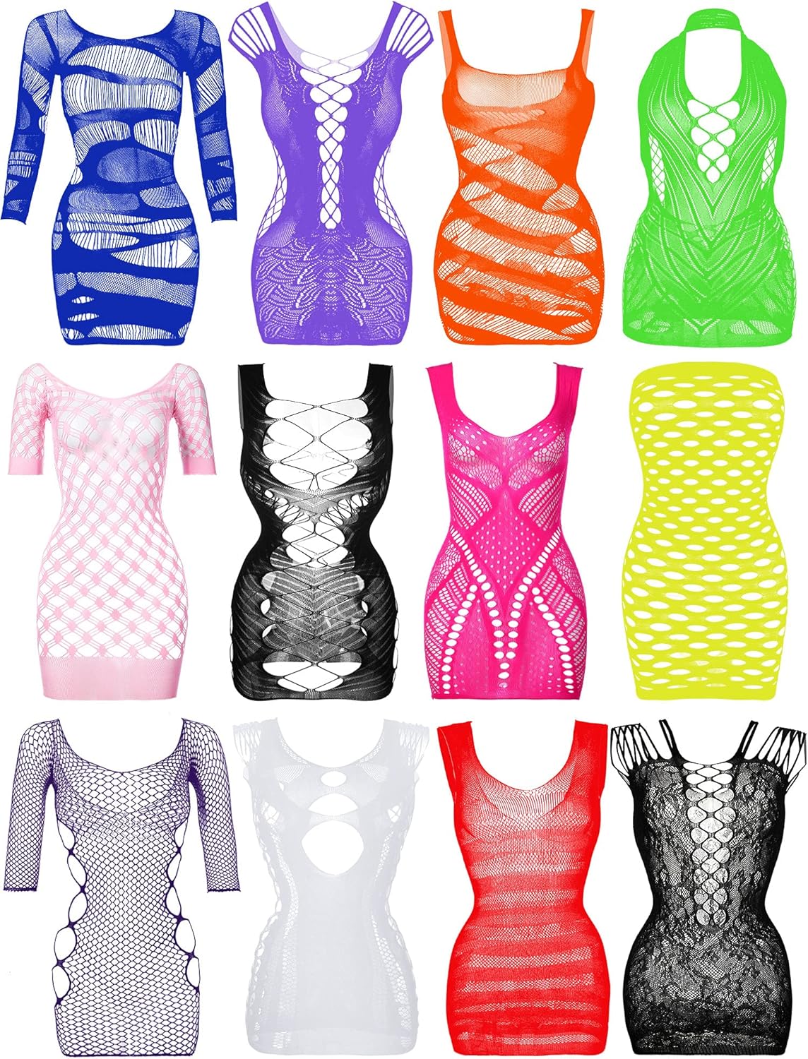 Geyoga 12 Pieces Women's Fishnet Lingerie Mesh Babydoll Bodysuit Lace Smock Lingerie for Women (Fresh Color)