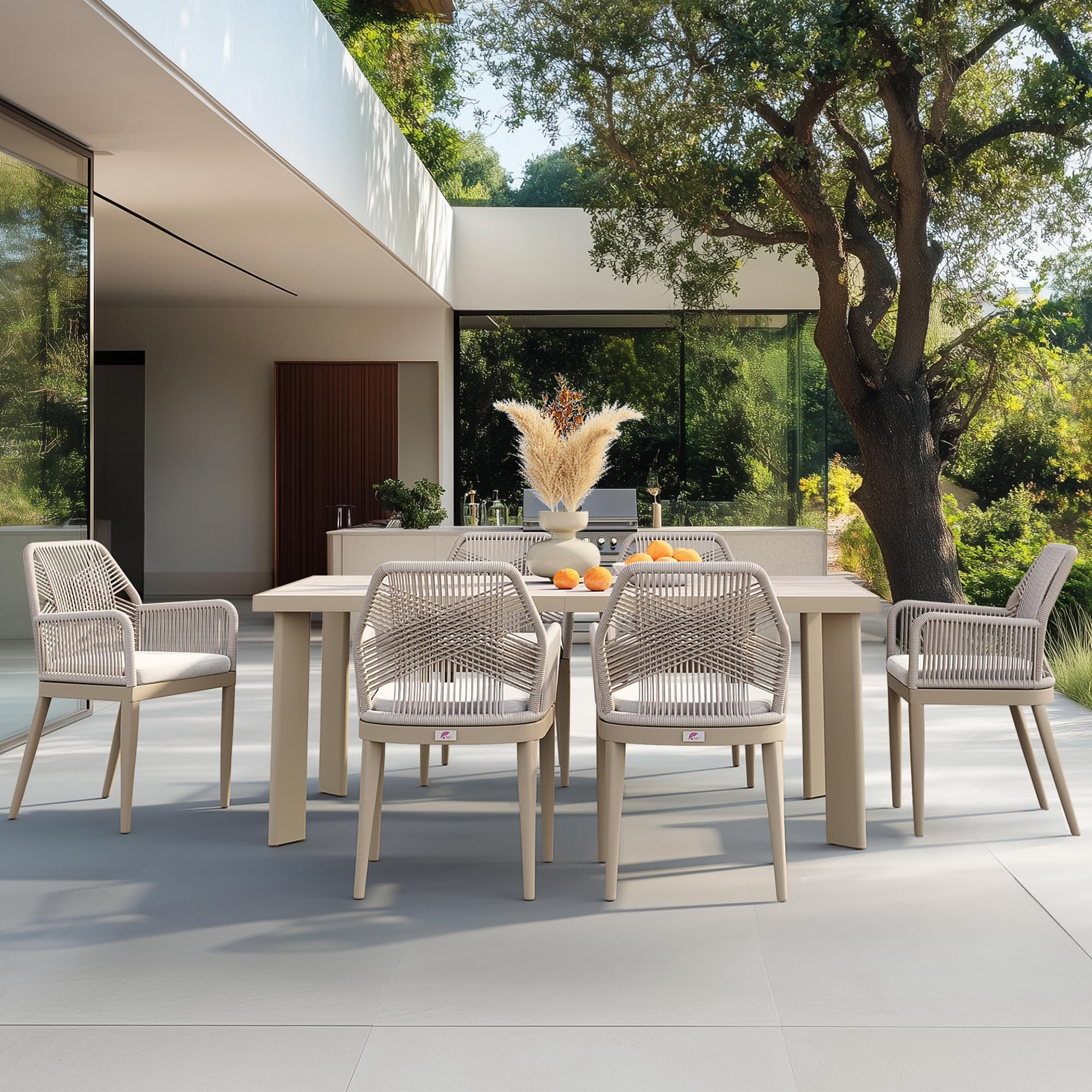 PURPLE LEAF 7 Pieces Patio Dining Set with Cushion and Wicker Arm Champagne