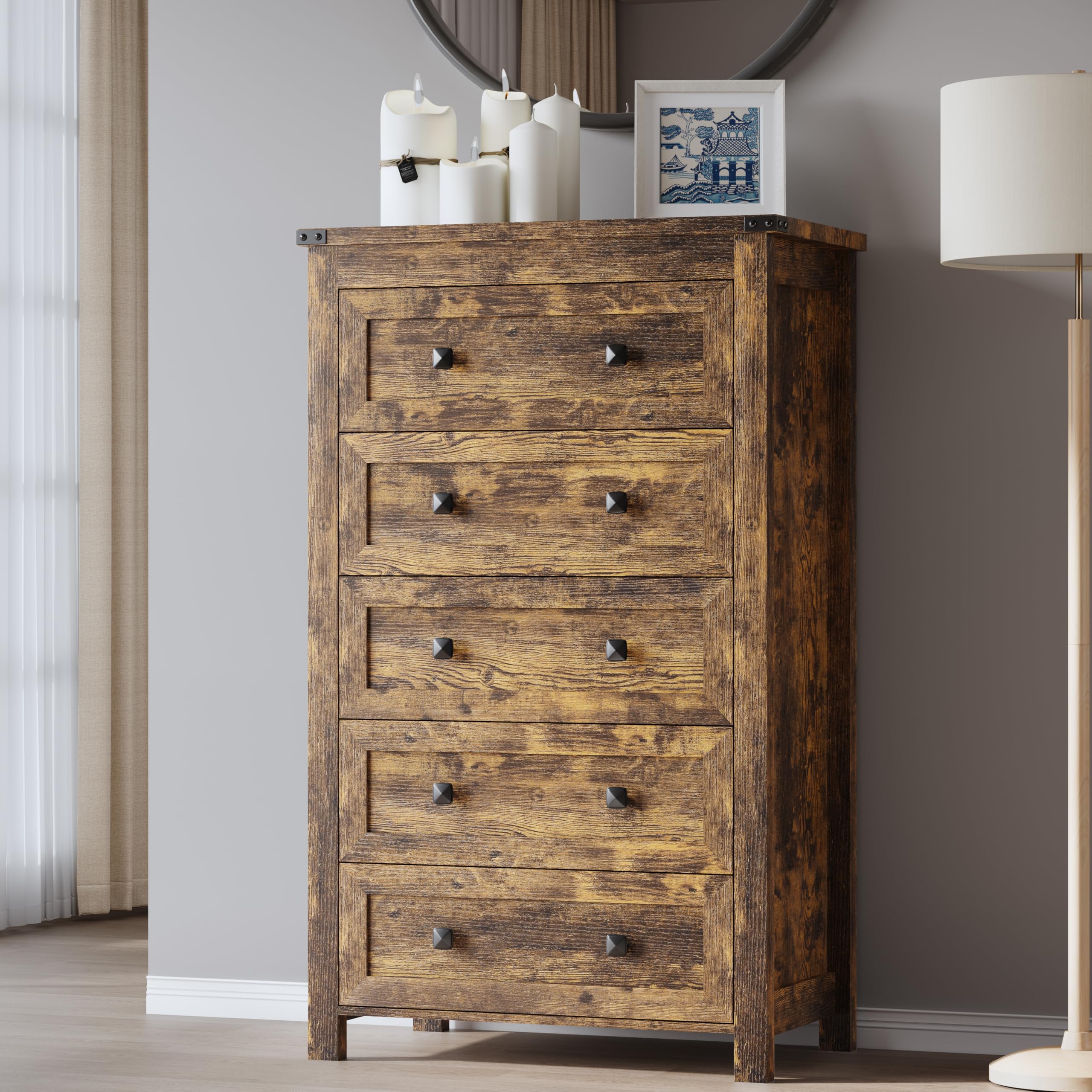 BORNOON Tall 5-Drawer Dresser, Modern Wooden Storage Chest of Drawers, Dresser TV Stand, Wood Drawer Organizer with Metal Handles for Bedroom, Living Room, Hallway