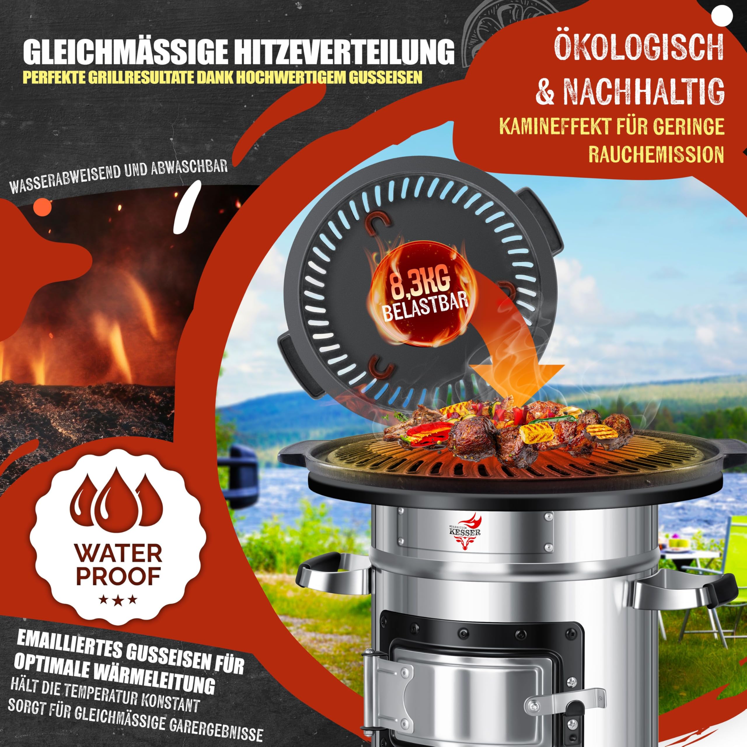 KESSER® Piastra per Forno a Razzo, Olandese, a Legna da Campeggio, Barbecue