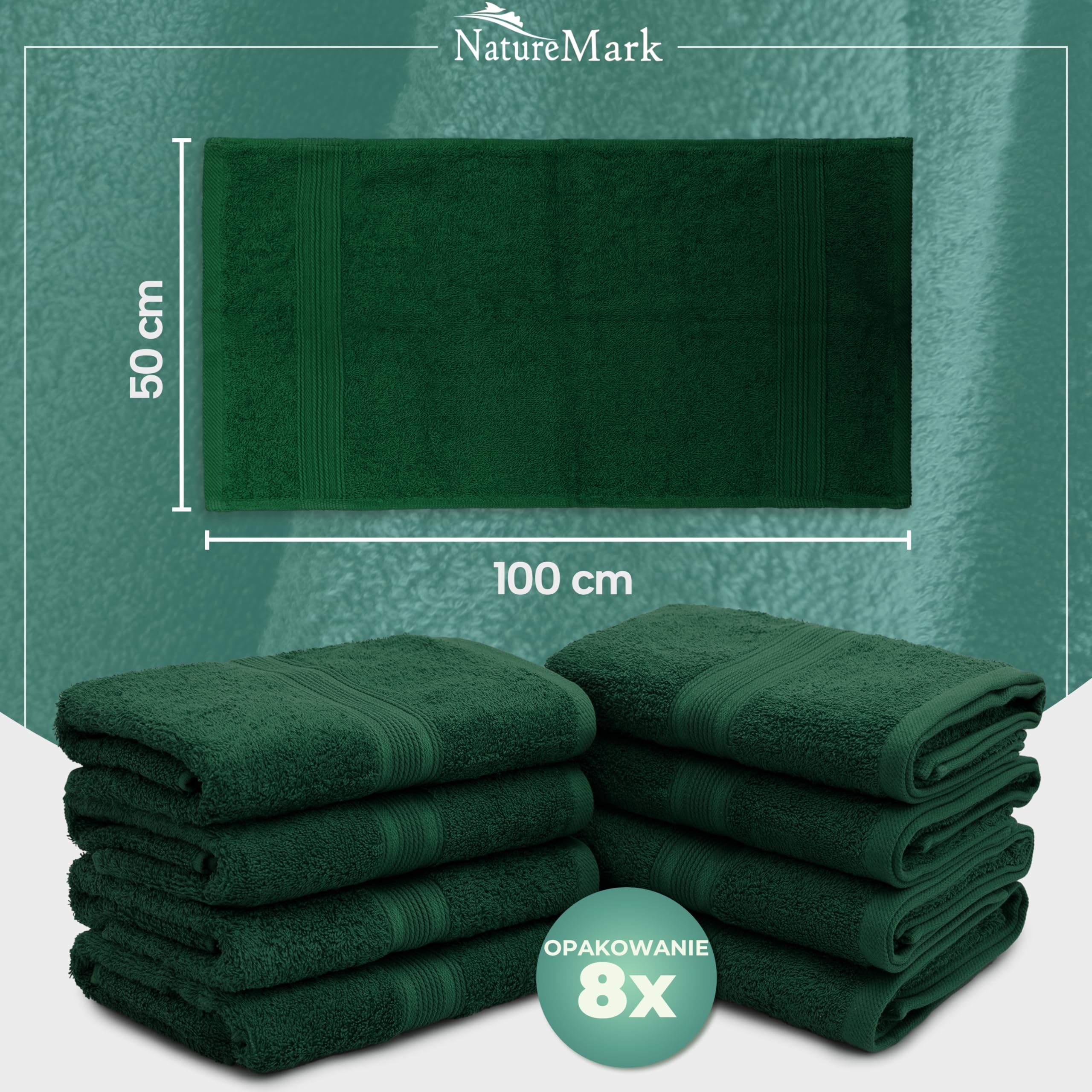 NatureMark Zestaw 8 Ręczników do Rąk - 100% Bawełna - Chłonne i Trwałe Ręczniki, Rozmiar 50×100 cm, Ciemnozielony