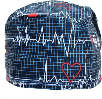 Navy Blue Heart Beat EKG Scrub Cap Doctors Bandana Hat with Adjustable tie