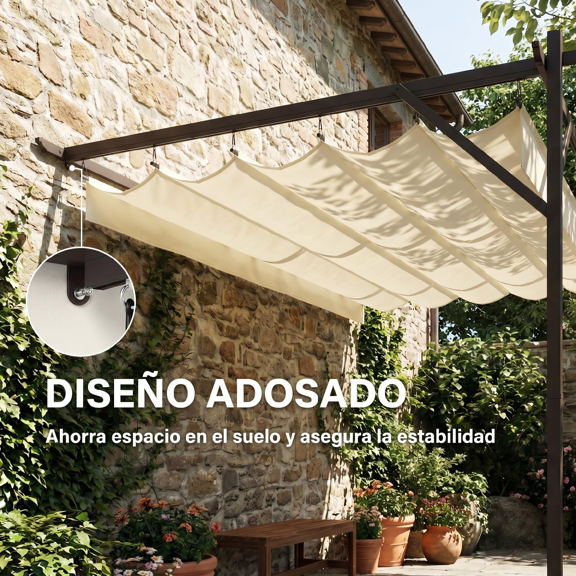 Outsunny Pérgola de Pared de Jardín 3x3 m, Cenador de Jardín con Techo Retráctil, Protección UPF30+, Orificios de Drenaje y Estructura Metálica, Pabellón para Patio, Terraza, Exterior, Blanco Crema