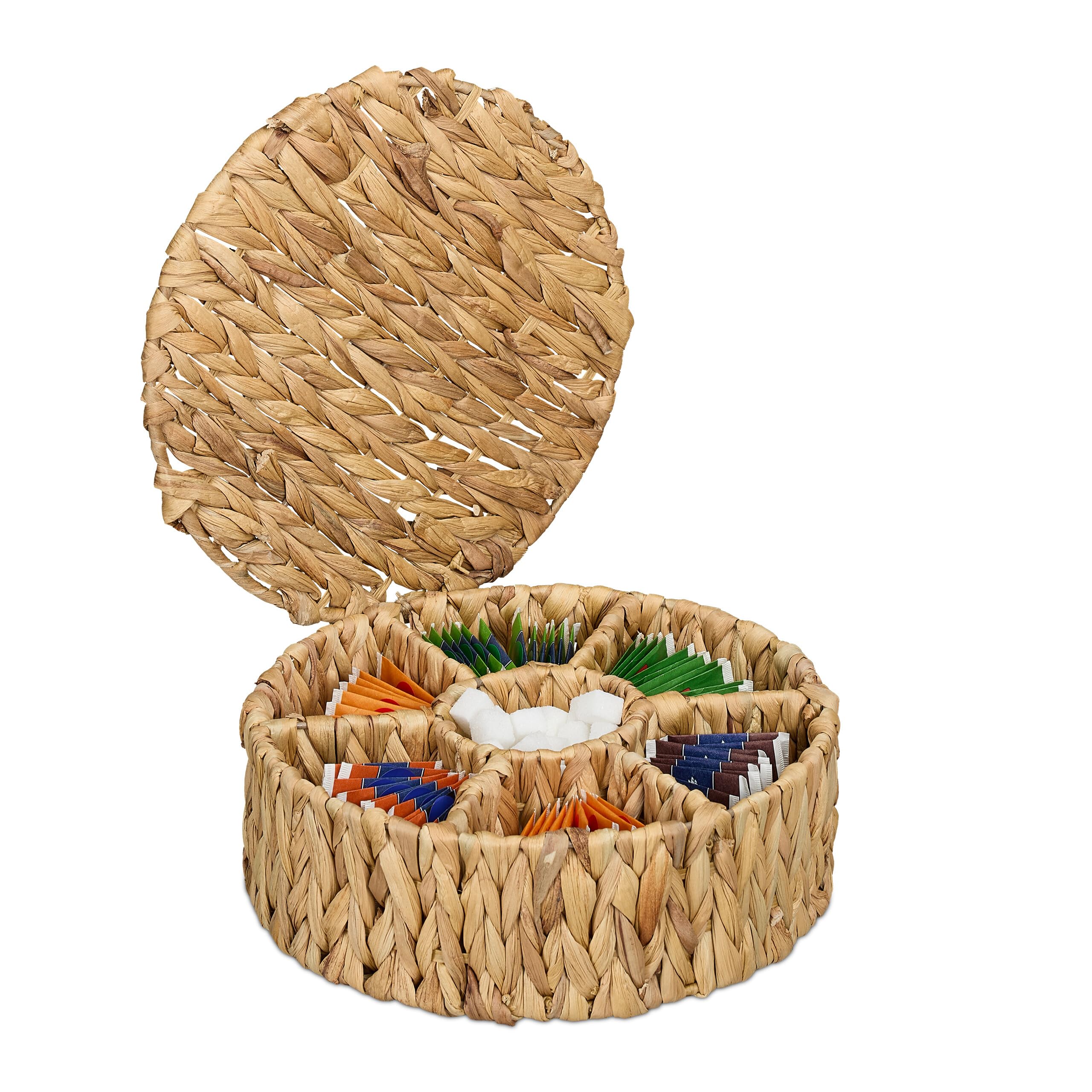 Relaxdays Boite à thé, 7 Compartiments, pour sachets de thé/Sucre, Aspect tressé, eichhornia, HxD : 11,5 x 28 cm, Nature