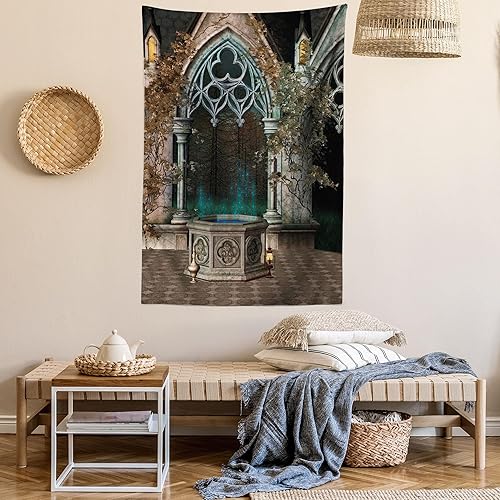 Miniatura 82 de Ambesonne Tapiz gótico, patio con hiedra encantada en la puerta antigua al bosque, colgante de pared ancho para dormitorio, sala de estar, 2-Verde