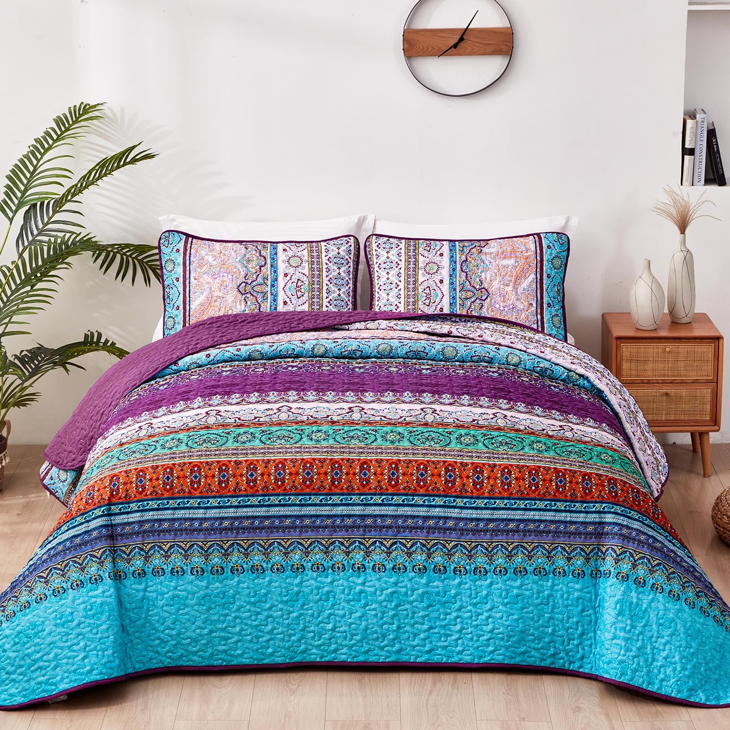 WONGS BEDDING Purple Quilt Set King Size, Stripe Boho 3 Pieces Bedspread Quilts Set Bohemian Lightweight Microfiber All Season Bedding Coverlet Set for King Bed (104"x90")