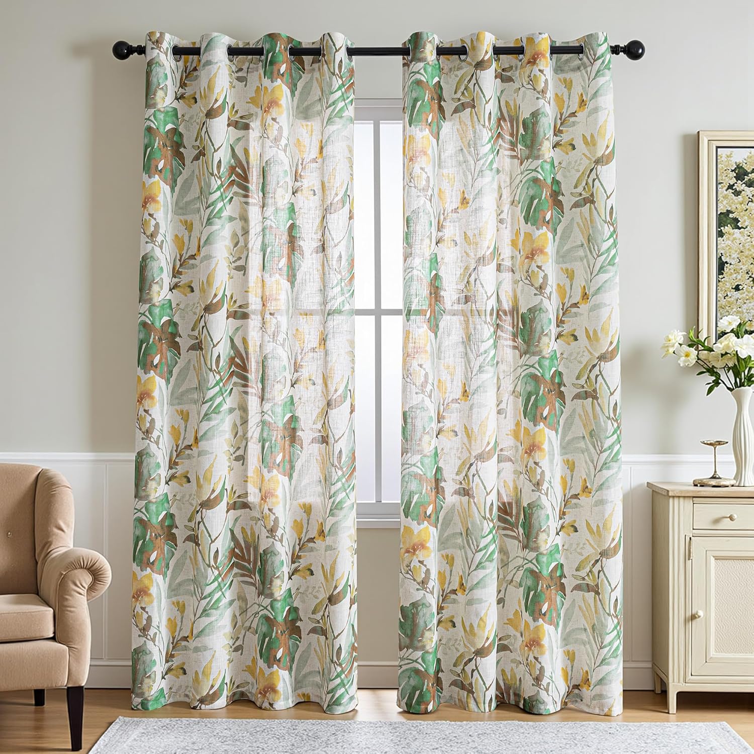 MYSKY HOME Floral Curtains 84 Inches Long 2 Panels Yellow Linen Curtains for Living Room, Light Filtering Drapes for Dining Room, Green Leaf Print Grommet Window Treatment 2 Panels, 52" Wide
