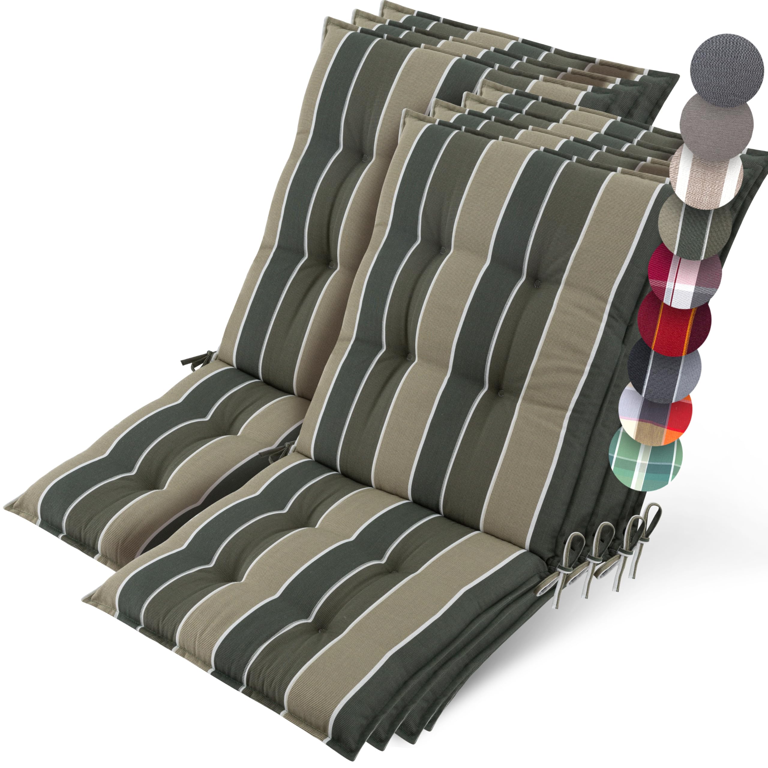 Beautissu Set of 7 Premium Outdoor Chair Cushion Low Back 100x50 cm - UV 8 cm Thick Padding Seat Cushions for Garden Chairs Non-Slip Fastening Straps - Green Striped - Sun-HL