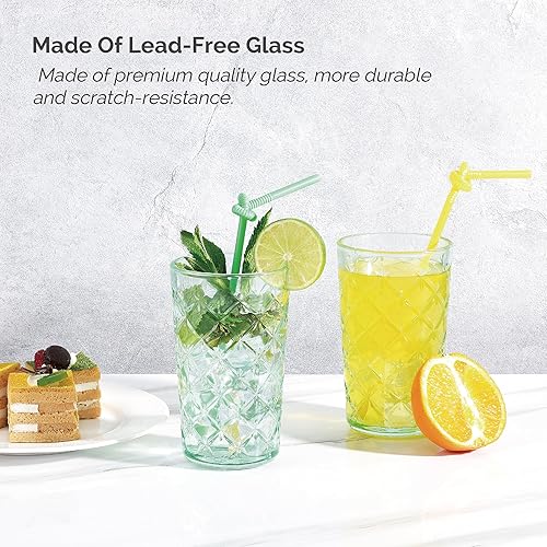 Miniatura 4 de CREATIVELAND Juego de 4 vasos altos para beber, vasos de vidrio vintage de escotilla cruzada, vasos de agua potable de 16.2 onzas de alto, vasos de