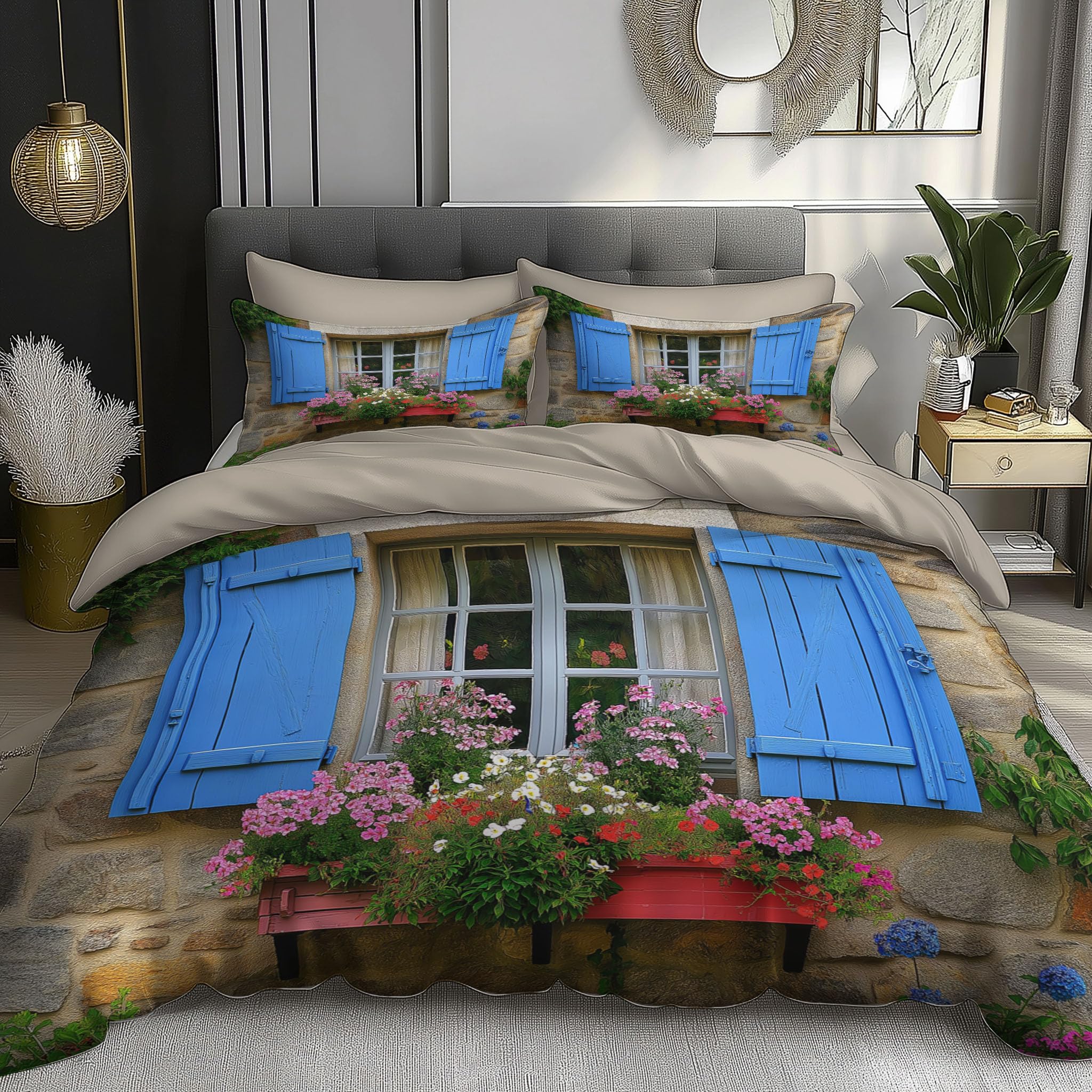 Parure de lit motif fenêtres pots de fleurs avec zip pratique