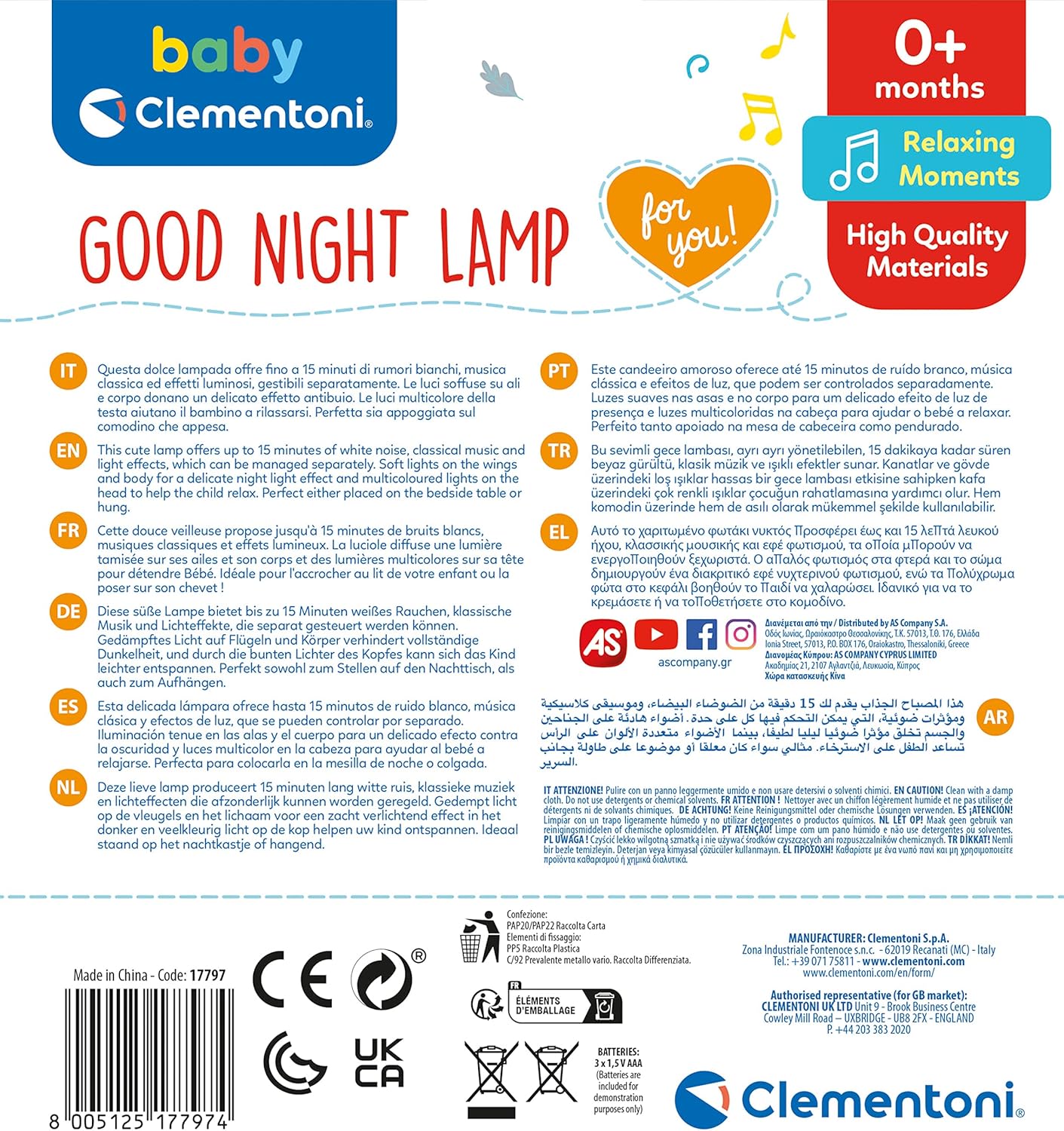 Clementoni - Good Night Lamp for Babies, Projector Light, Lights and Sounds, Play Early Childhood Children 0 Months+ Multicoloured, 17797