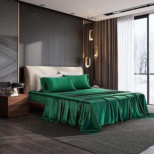 Miniatura 2 de NA HommxJF - Juego de 4 sábanas de satén verde negruzco tamaño Queen, juego de sábanas sedosas y fundas de almohada con 1 sábana encimera, 1 sábana