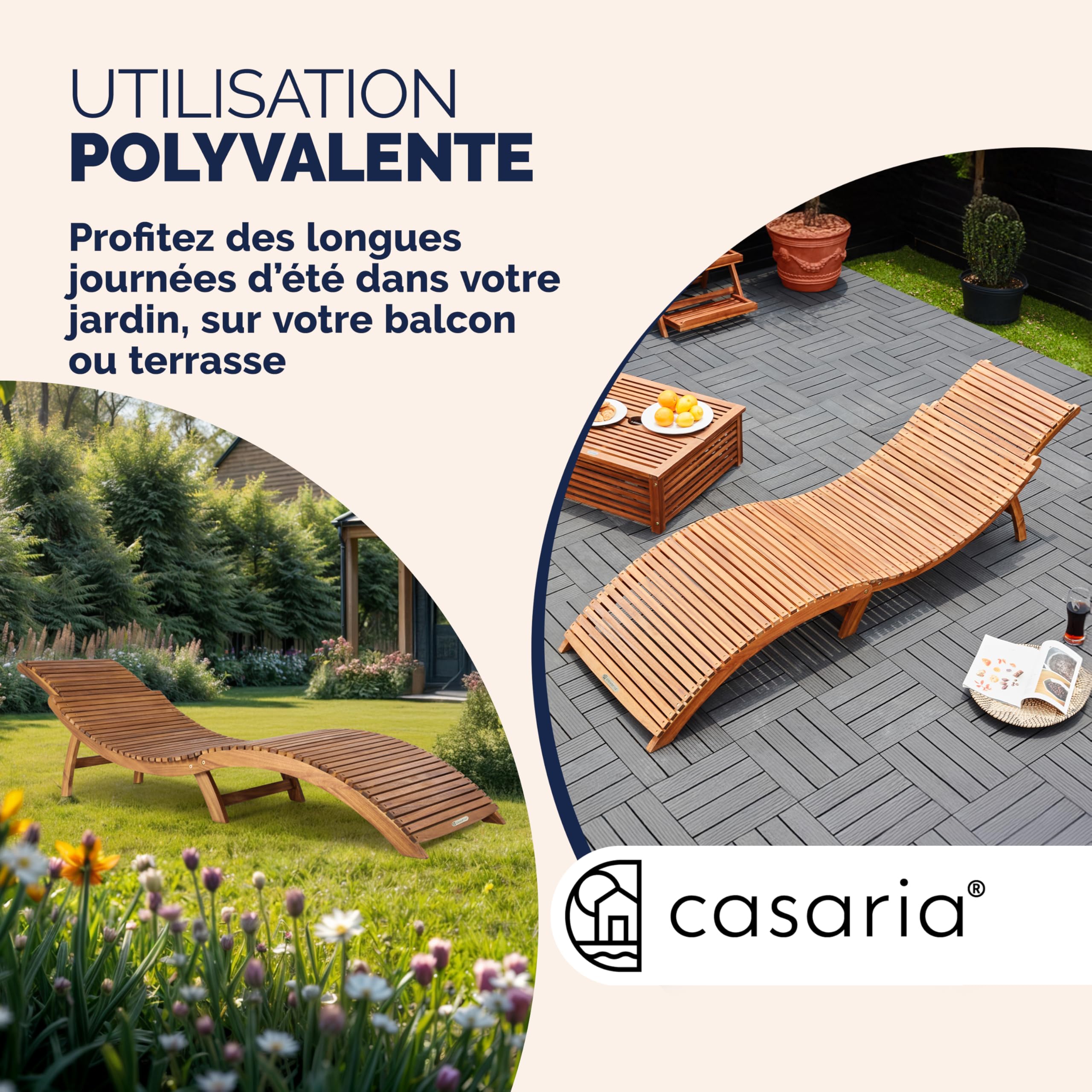 Casaria 2X Chaise Longue en Bois d'acacia Pliable 160kg Poignée Transport Chaise Longue Jardin Ergonomique Chaise Bois Fonction Valise Certifié FSC