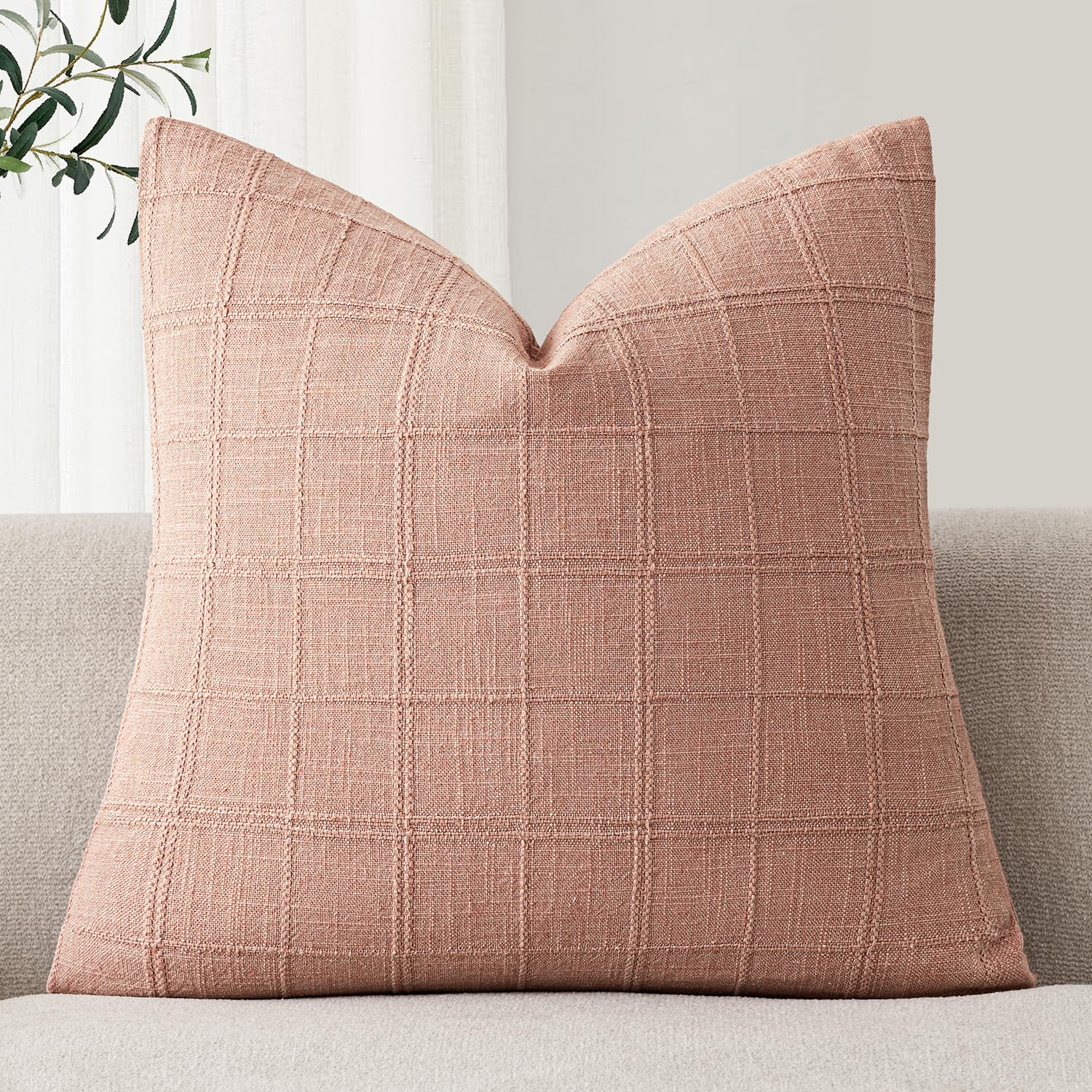 Foindtower Set of 1 Decorative Linen Check Throw Pillow Cover Neutral Farmhouse Vintage Cushion Cover Modern Boho Accent Home Decor for Sofa Chair Couch Bedroom Living Room,26×26 Inch,Coral Pink