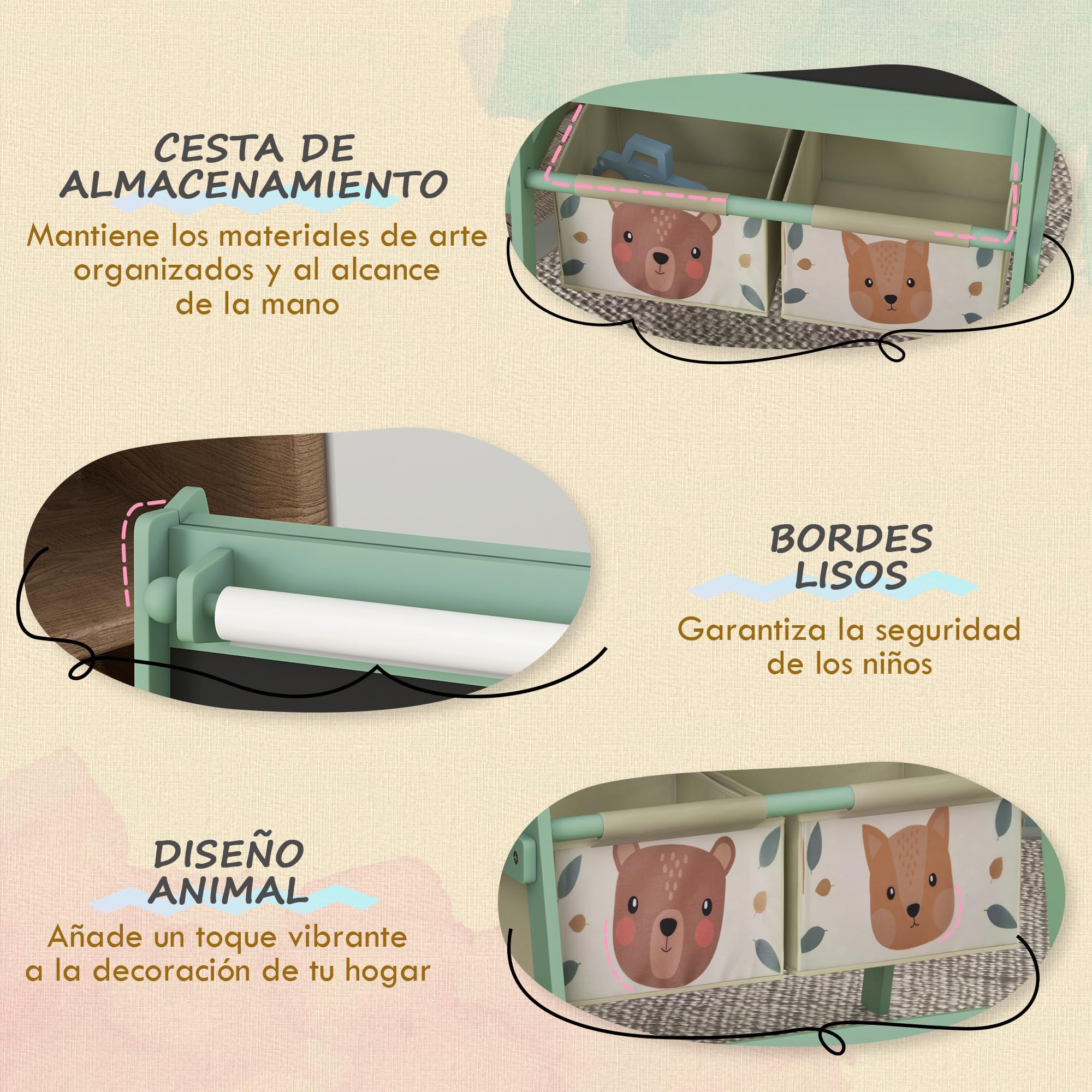 AIYAPLAY Caballete para Niños 3 en 1 Infantil de Doble Cara de Arte con Rollo de Papel Pizarras y 2 Cestas de Almacenamiento 54x46,5x93 cm Verde