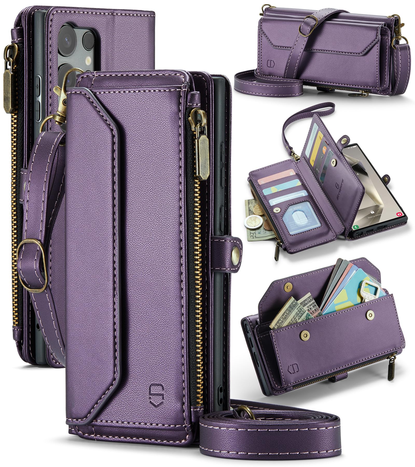 Strapurs Crossbody for Samsung Galaxy S24 Ultra Case Wallet?RFID Blocking?with 10-Card Holder Zipper Bills Slot, PU Leather Magnetic Shoulder Strap for Galaxy S24 Ultra 5G Phone Case for Women,Purple