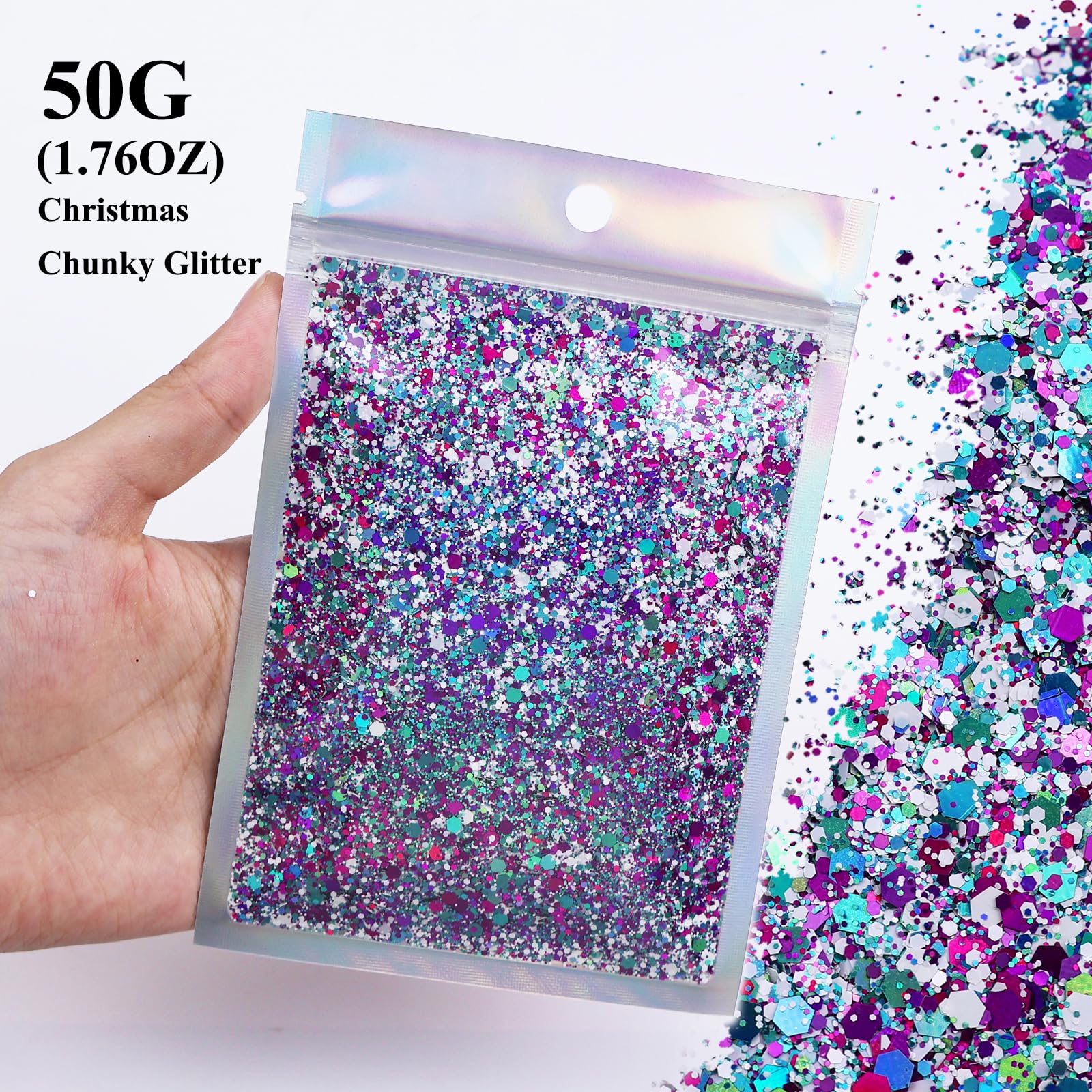 Christmas Chunky Glitter Epoxy Resin Flake Sequin Glitter for Crafts Resin Tumbler Keychain Jewelry Making, Sparkle and Shine with Chunky Glitters for DIY Art,Jewelry Making (CMC03-50G)