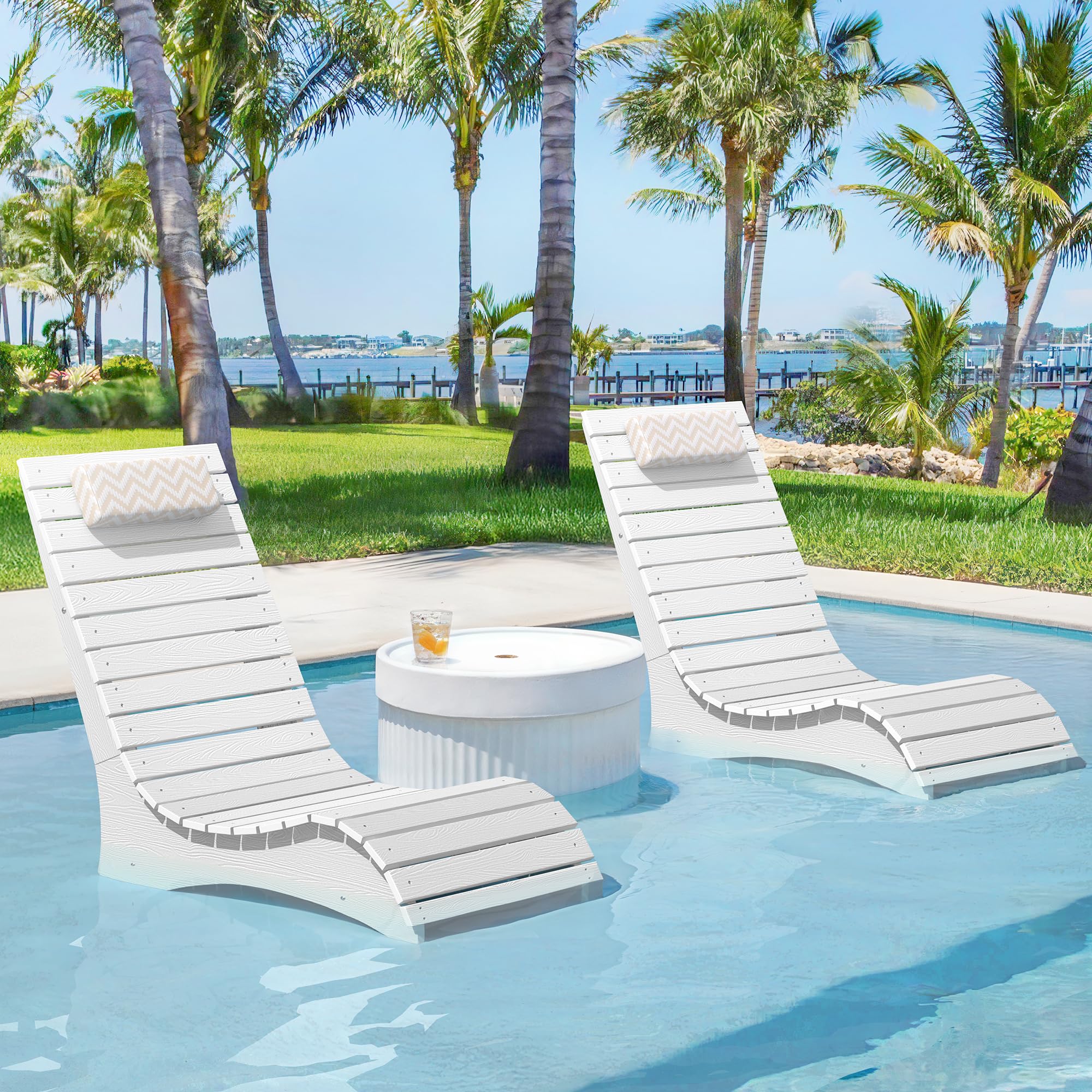HDPS Pool Lounge Chairs Set of 2, Use in Pools Lounge Chairs up to  10-Inches of Water, Chaise Chairs with Headrest, Lounge Chair Outdoor