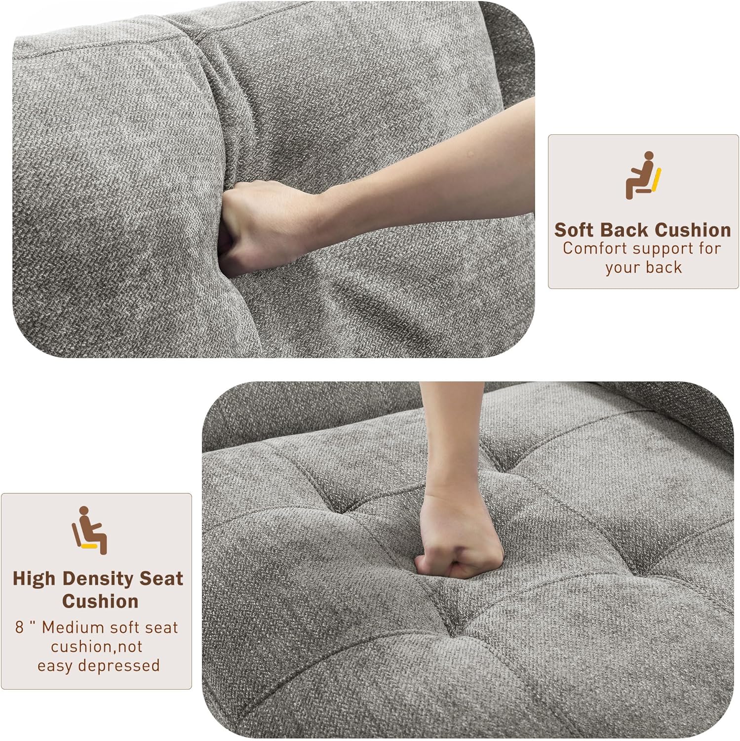 Close-up images showing the soft back cushion and high-density seat cushion