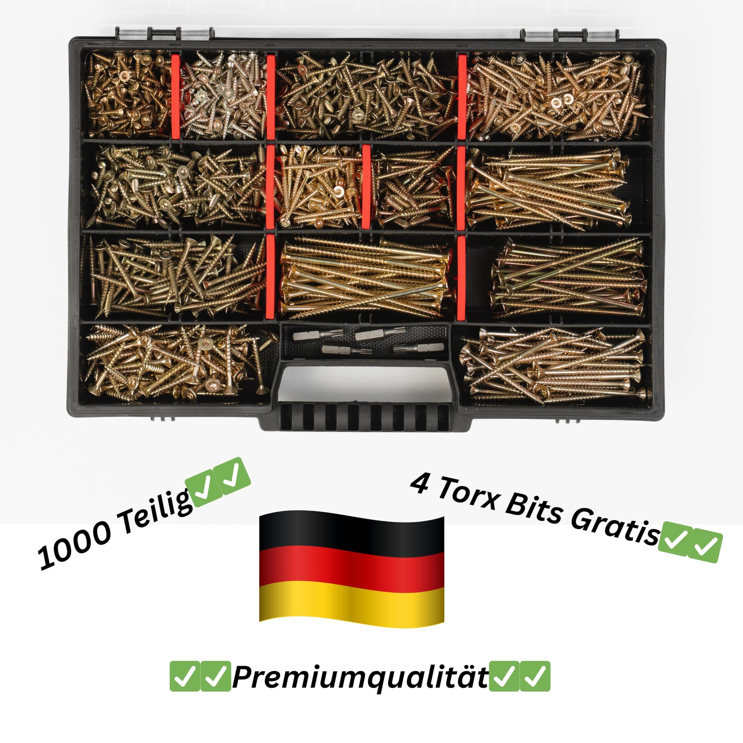 Holzschrauben Set XXL Sortiment, 1000-teilig, Torx Antrieb, Spanplattenschrauben 3x12 bis 4,5x80mm inkl. Bits Premiumqualtiät