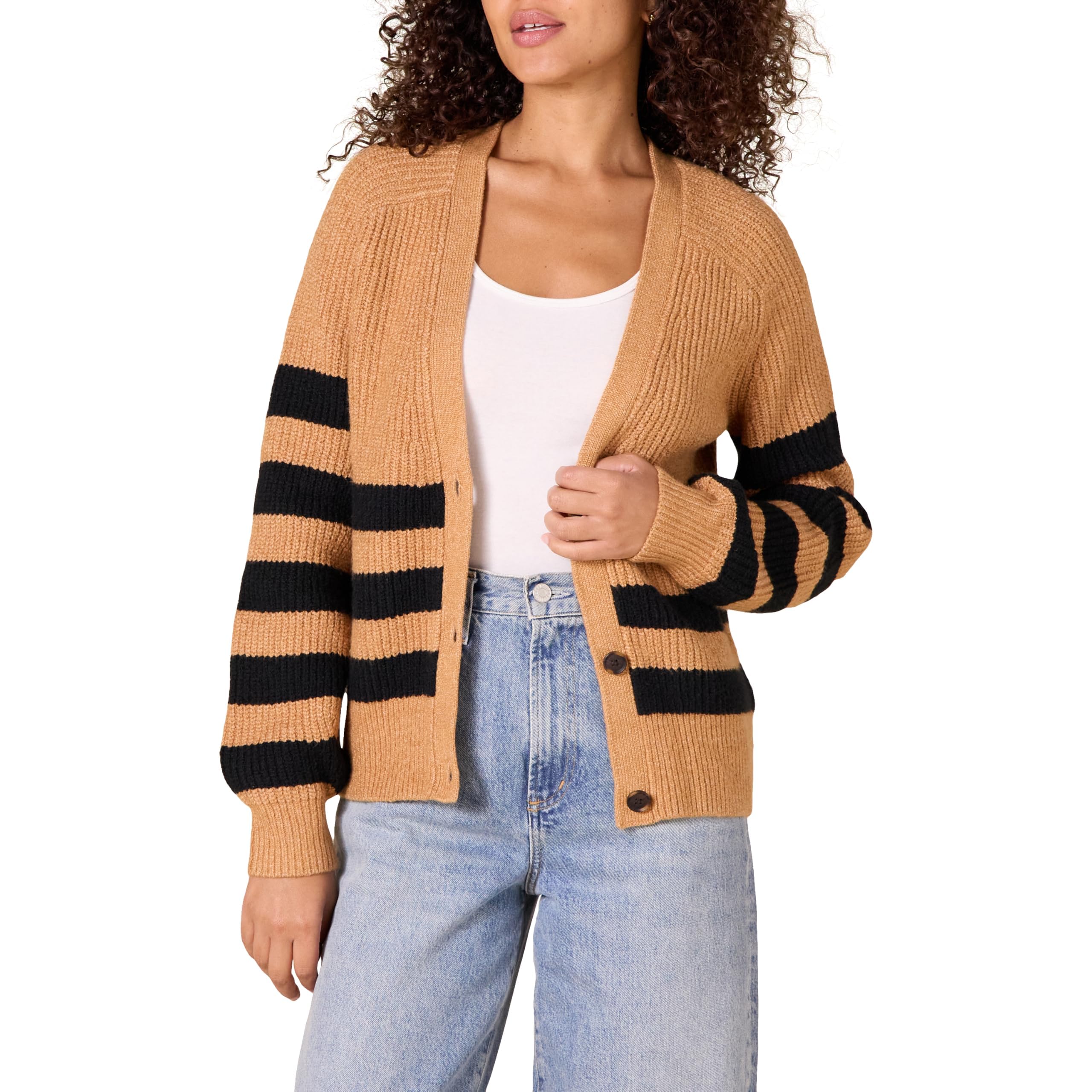 Amazon Essentials Women's Soft Touch Ribbed Chunky Knit Cardigan, Camel Heather Black Stripes, XXL
