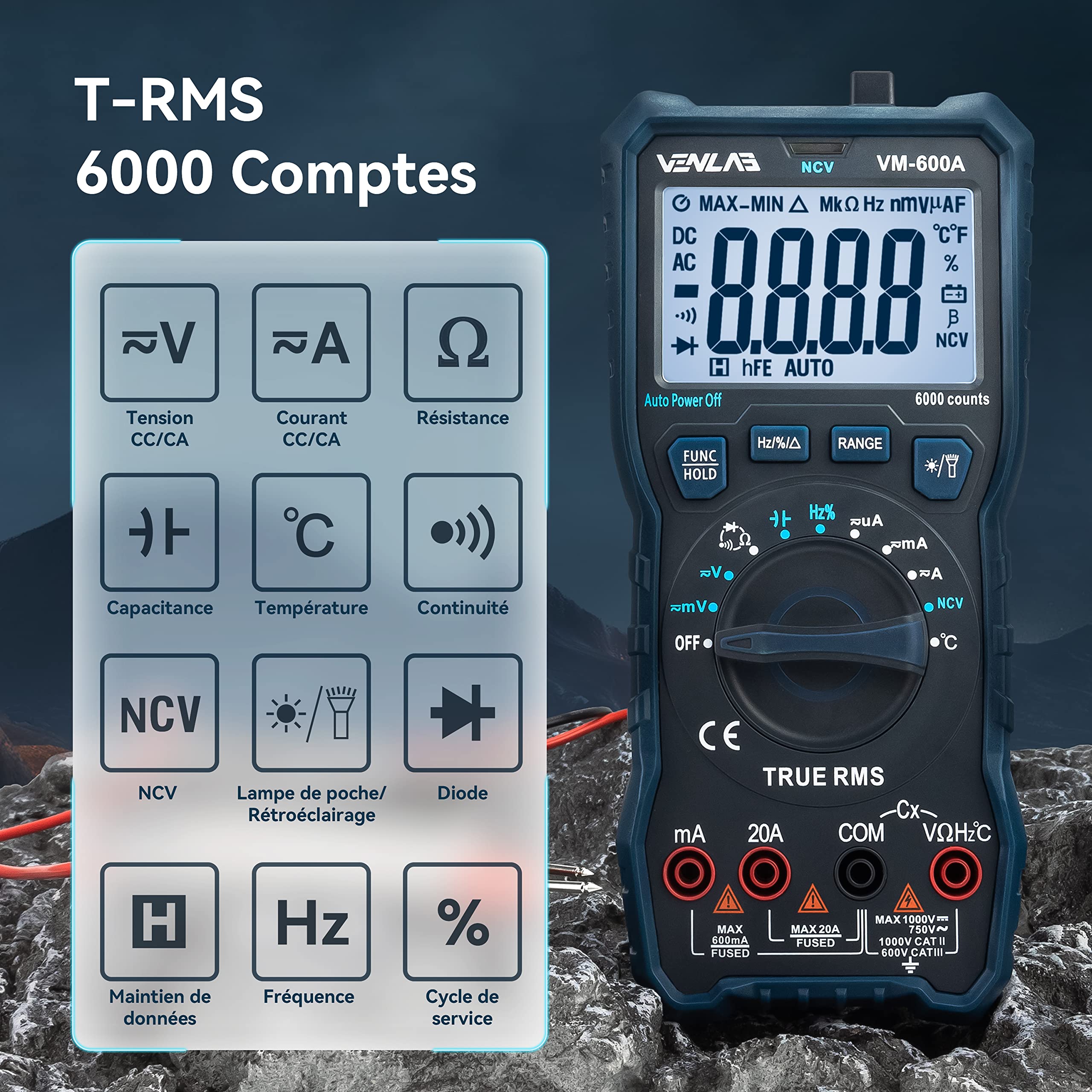 Multimètre Numérique TRMS 6000 Comptes, Multimètre Automatique VENLAB, Voltmètre, Testeur Electrique, Mesure Tension Courant CA/CC Résistance Diodes Continuité Capacité Température