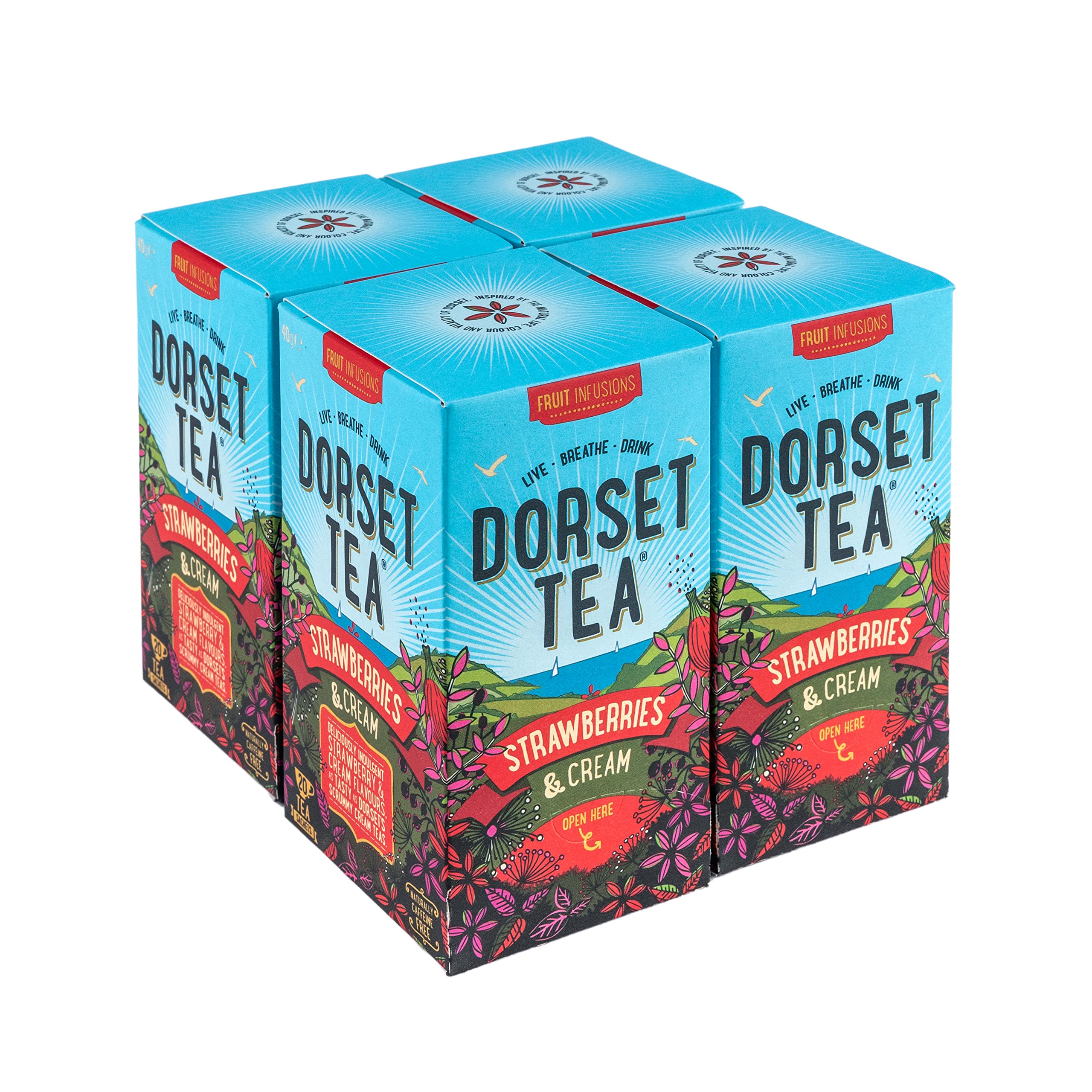 Dorset Tea Strawberries & Cream Tea 4 Boxes x 20 Tea Bags (80 Fruit Tea Bags Total) Strawberry Flavoured Herbal Tea Bags