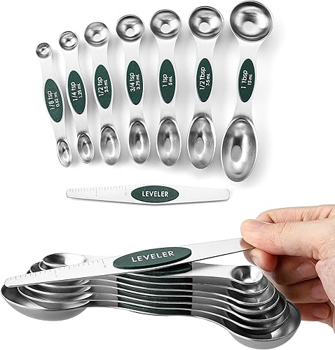 Miniatura 44 de Spring Chef - Juego de 8 cucharas medidoras magnéticas de acero inoxidable con nivelador, cucharadita y cucharada de metal, para hornear y cocinar