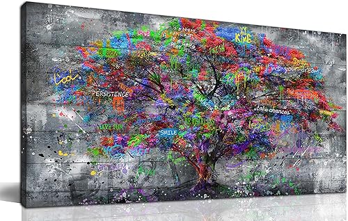 SIXTTART Arte de pared en lienzo grande con diseño de árbol para sala de estar, arte de pared de bosque de graffiti, decoración de pared moderna