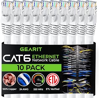 GearIT 10 Pack, Cat 6 Ethernet Cable Cat6 Snagless Patch 3 Feet - Computer LAN Network Cord, White - Compatible with 10 Port Switch POE 10port Gigabit