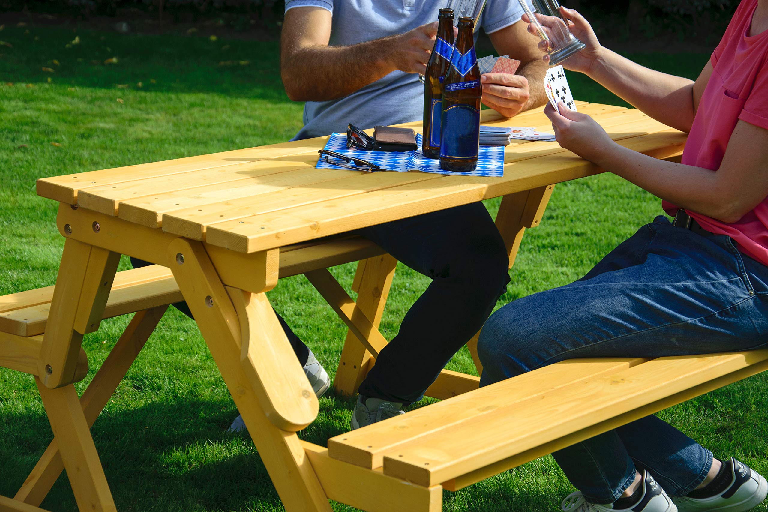 dobar® 29301FSCe Picknickbank 2in1 Groß | Multifunktions Gartenbank | Picknicktisch Massivholz | Sitzbank und Tisch 4 Personen | Sitzgarnitur Outdoor | 138 x 144 x 77 cm | Natur